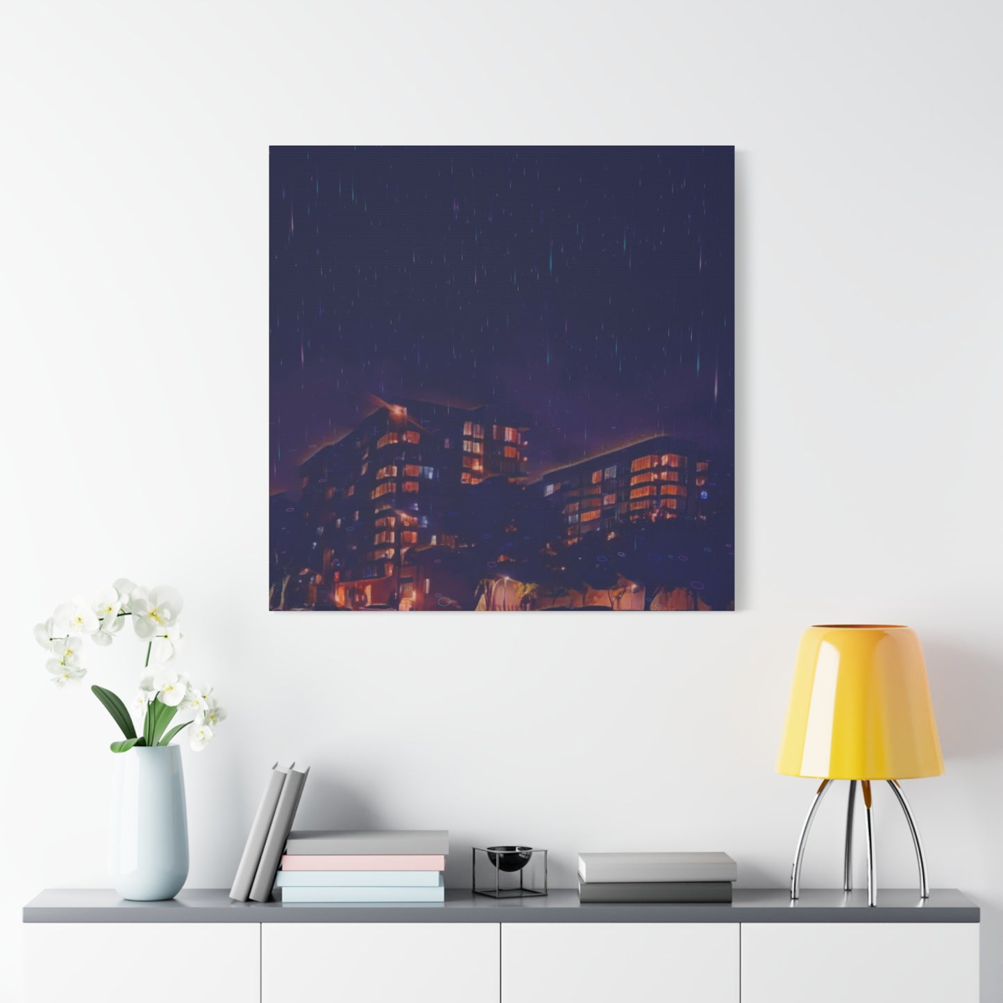 Neon Percipitation @ night - Canvas Print — Moody Urban Wall Art
