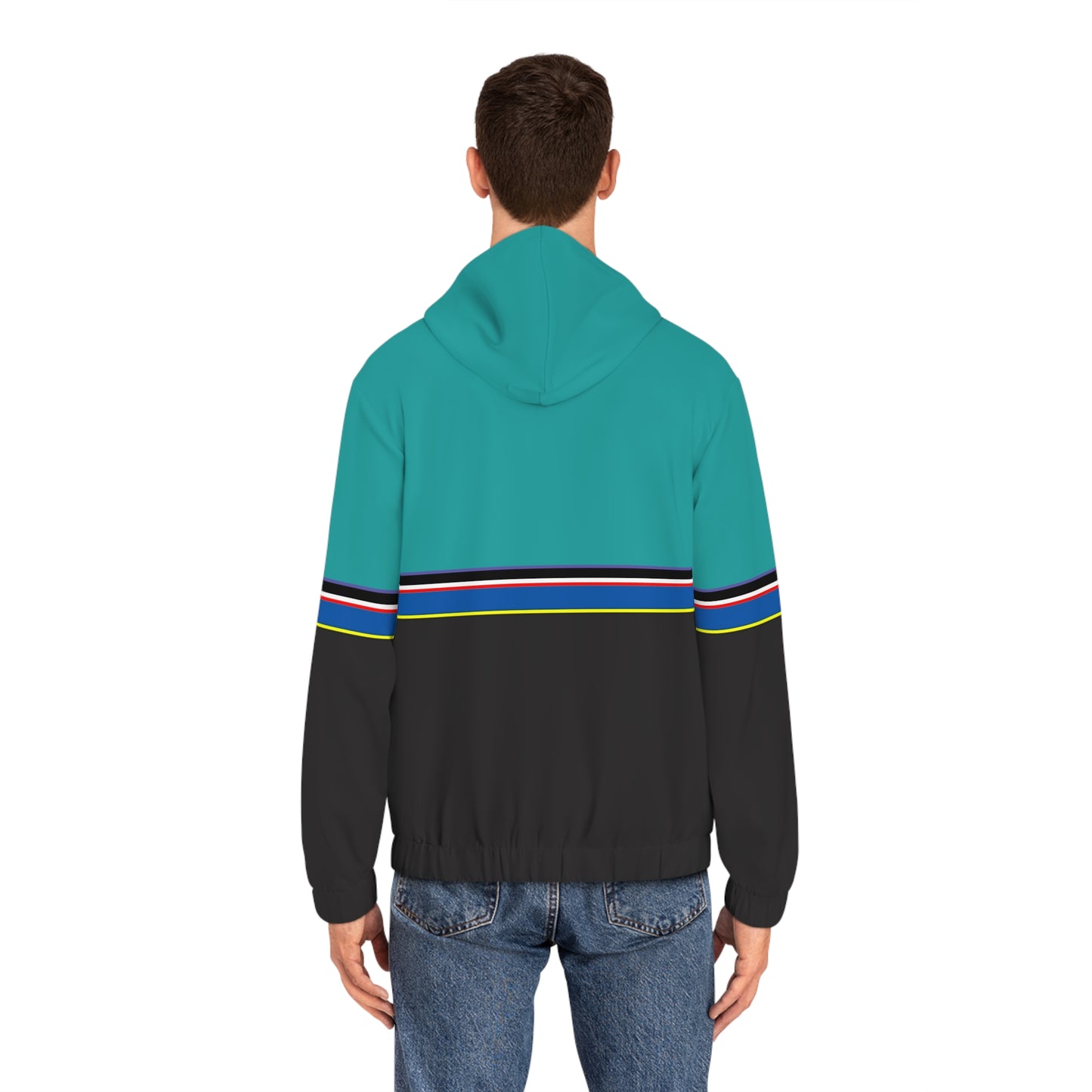 shark_city :: Teal & Black Stripe Zip Hoodie with Minimal Leaf Logo
