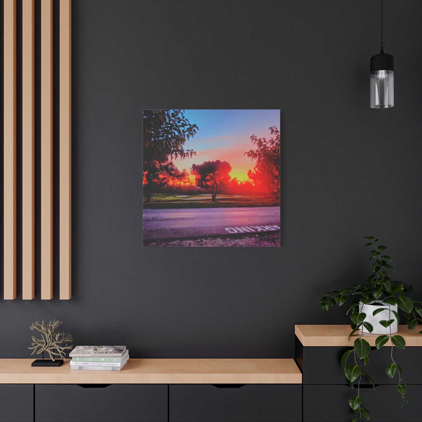 4th green @muni - Sunset Park Matte Canvas Print — Vibrant Red & Orange Landscape Wall Art