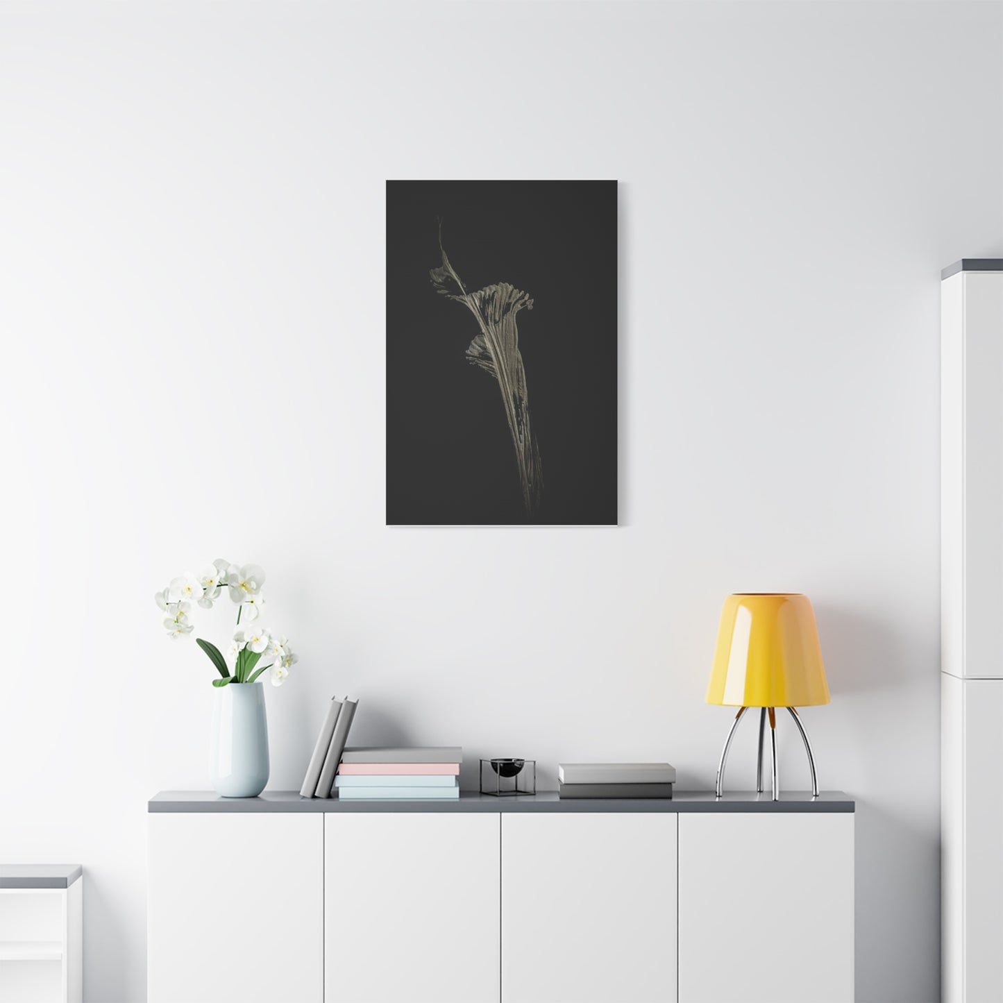 Calla Lilly - Minimalist Botanical Canvas Print — Monochrome Flower Art on Black Matte