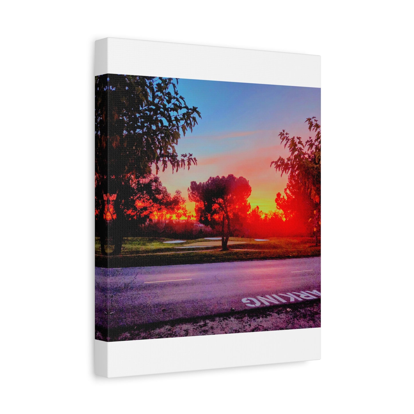 4th green @muni - Sunset Park Matte Canvas Print — Vibrant Red & Orange Landscape Wall Art