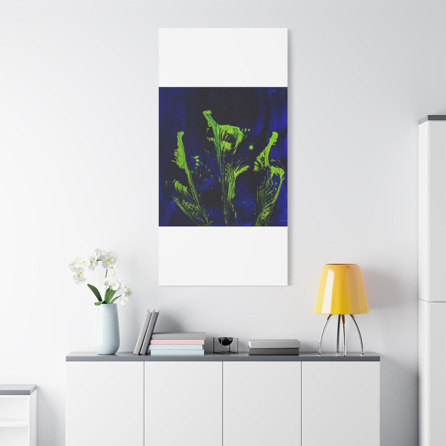 calla_lillies_pt.2 - Neon Floral Abstract Canvas Print — Blue & Lime Stretched Wall Art