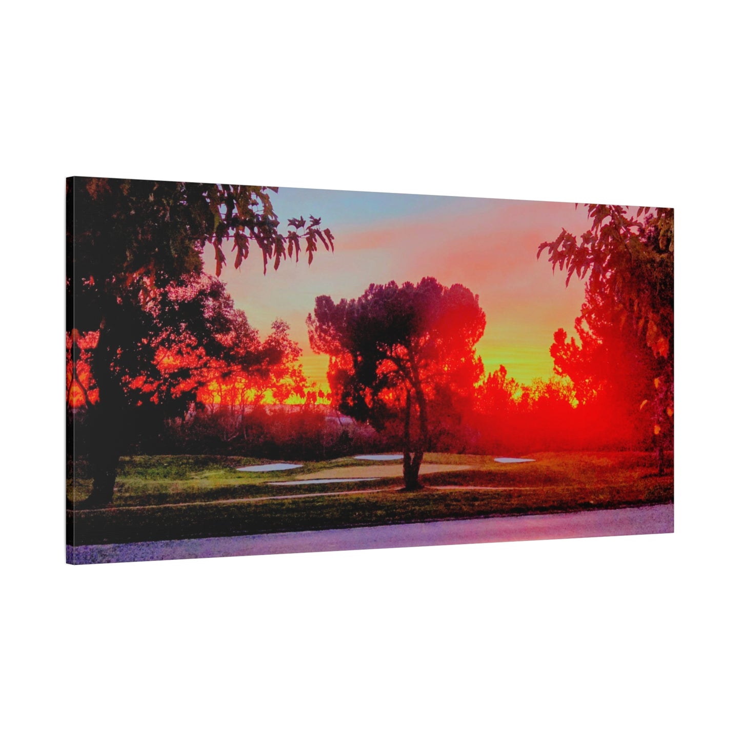 4th green @muni - Sunset Park Matte Canvas Print — Vibrant Red & Orange Landscape Wall Art