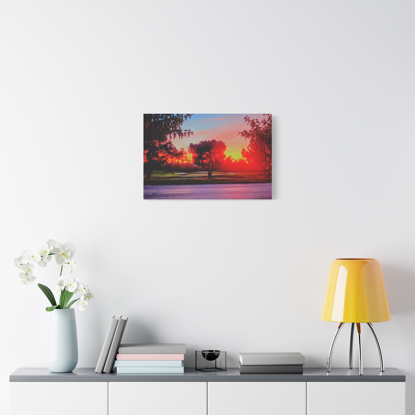 4th green @muni - Sunset Park Matte Canvas Print — Vibrant Red & Orange Landscape Wall Art