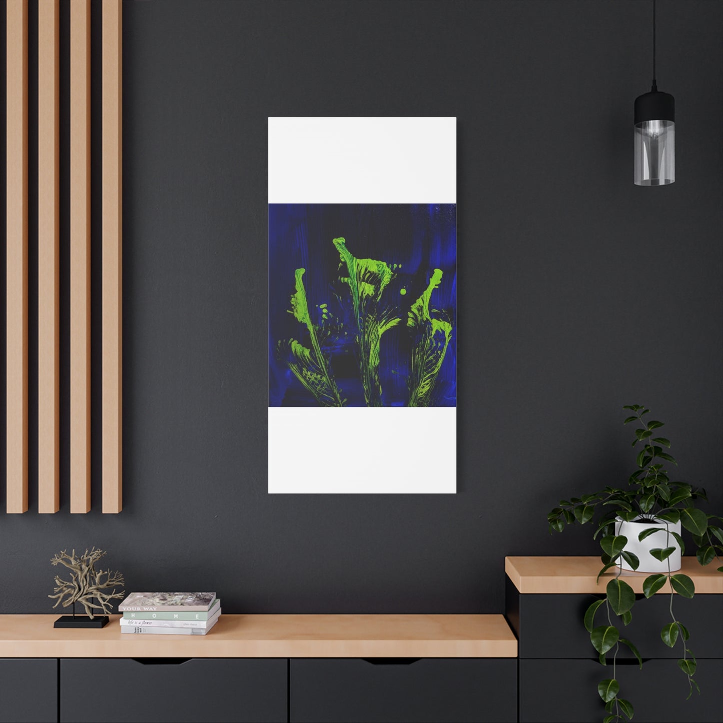 calla_lillies_pt.2 - Neon Floral Abstract Canvas Print — Blue & Lime Stretched Wall Art