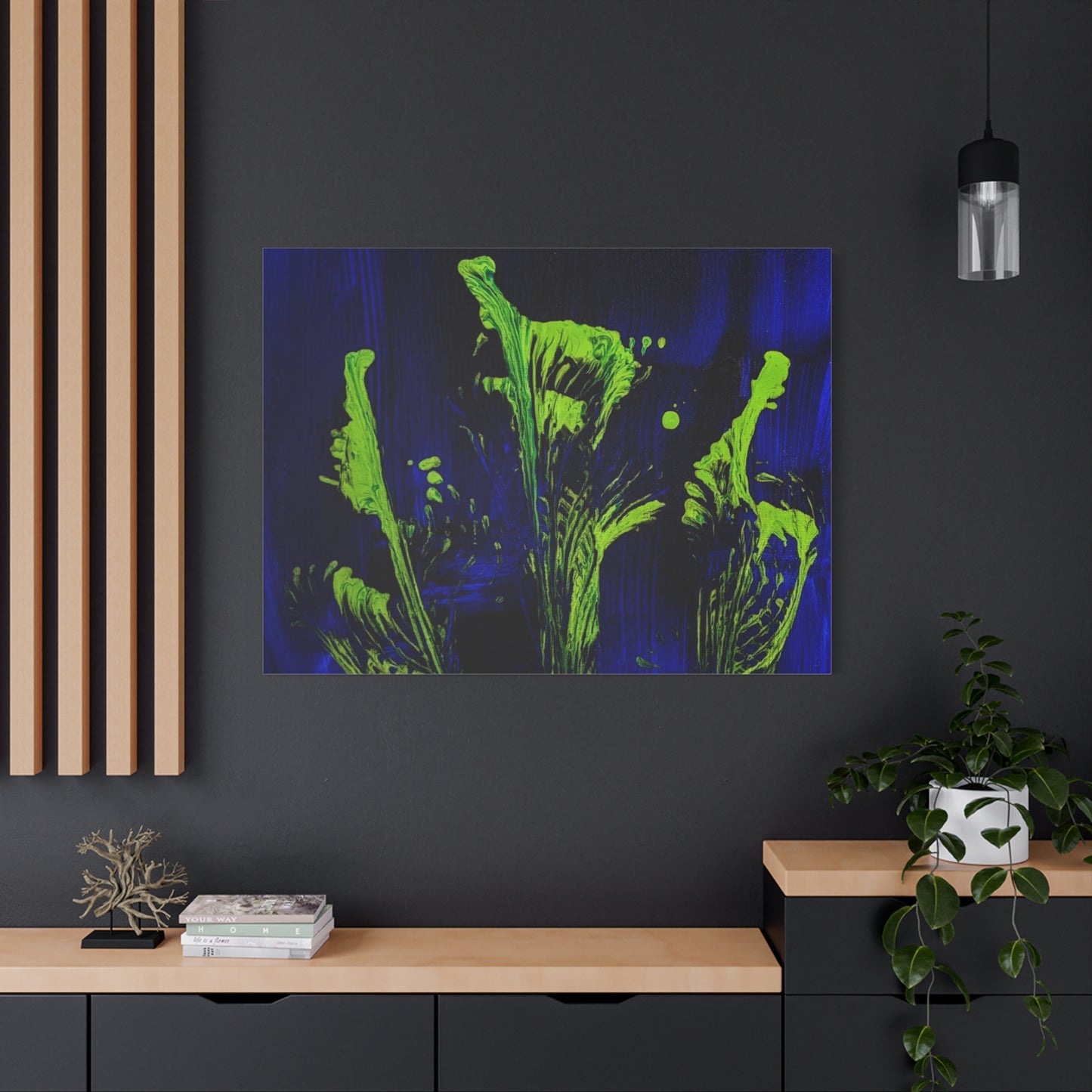 calla_lillies_pt.2 - Neon Floral Abstract Canvas Print — Blue & Lime Stretched Wall Art