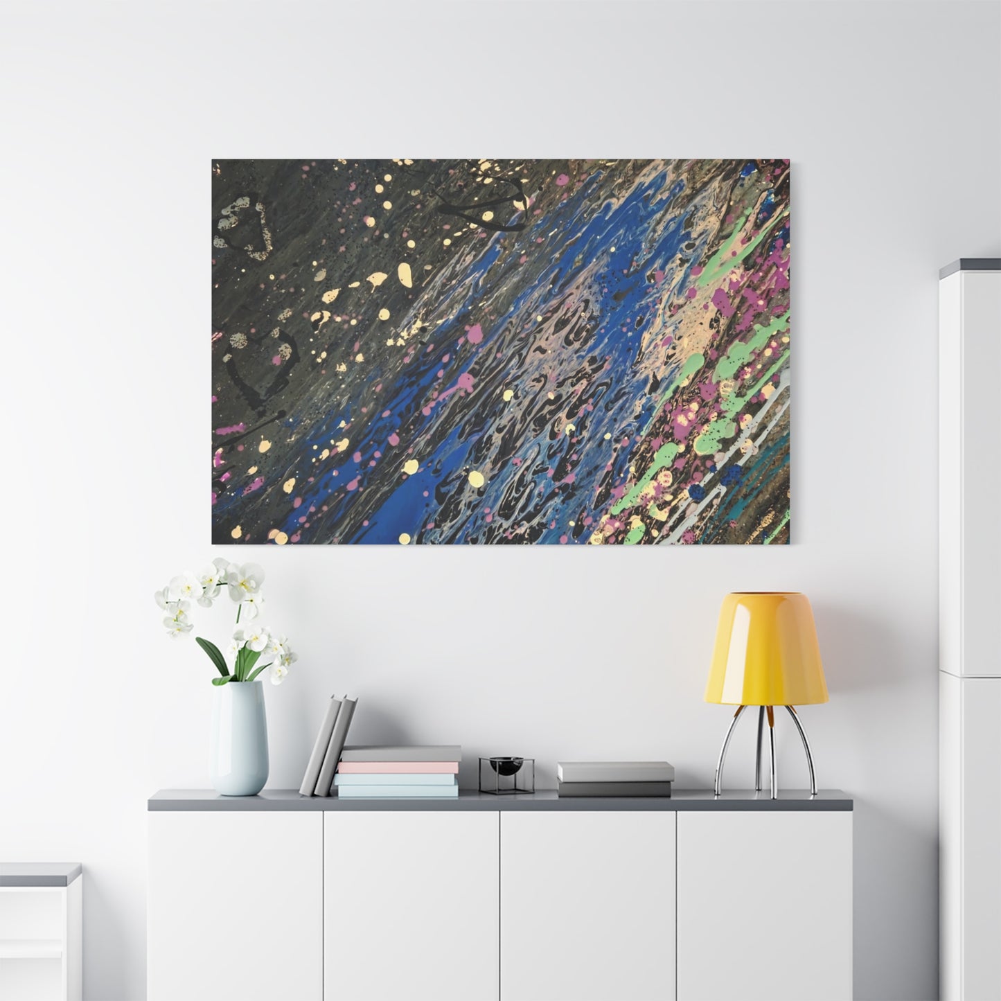 Abstract Splatter Matte Canvas Print — Colorful Fluid Art Wall Decor, Stretched 1.25"