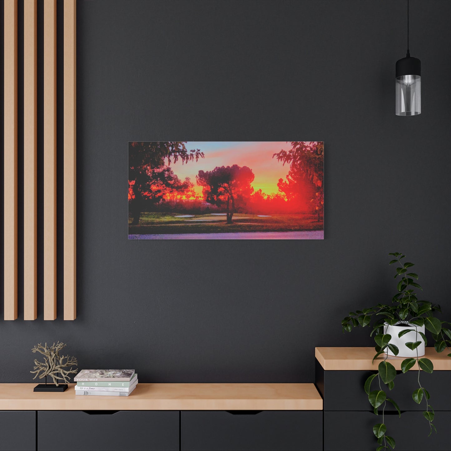4th green @muni - Sunset Park Matte Canvas Print — Vibrant Red & Orange Landscape Wall Art