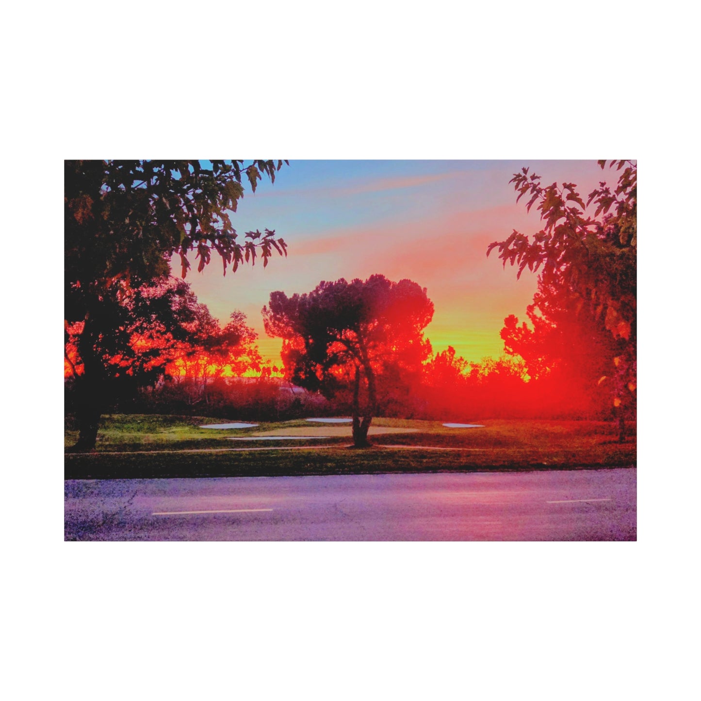 4th green @muni - Sunset Park Matte Canvas Print — Vibrant Red & Orange Landscape Wall Art