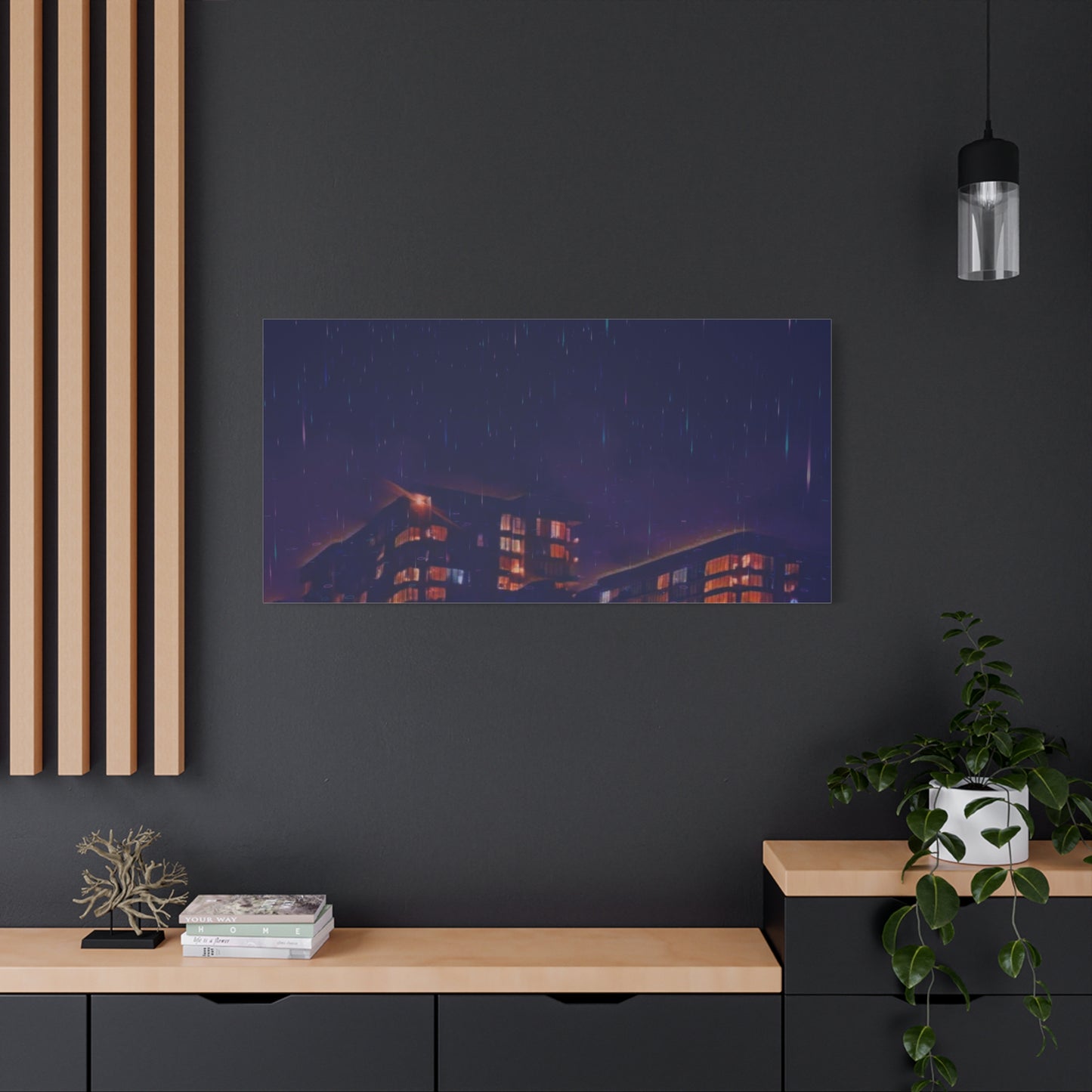 Neon Percipitation @ night - Canvas Print — Moody Urban Wall Art