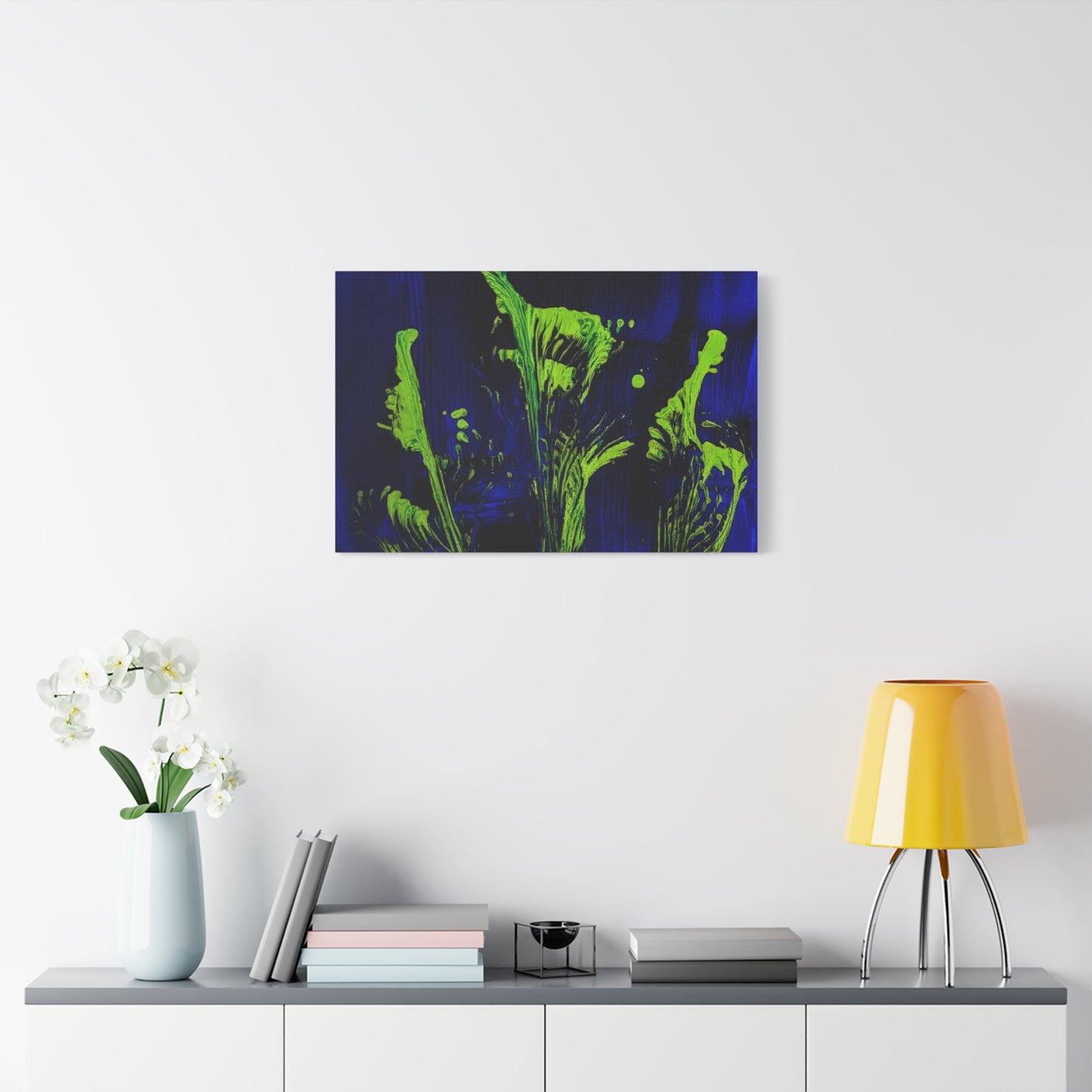 calla_lillies_pt.2 - Neon Floral Abstract Canvas Print — Blue & Lime Stretched Wall Art