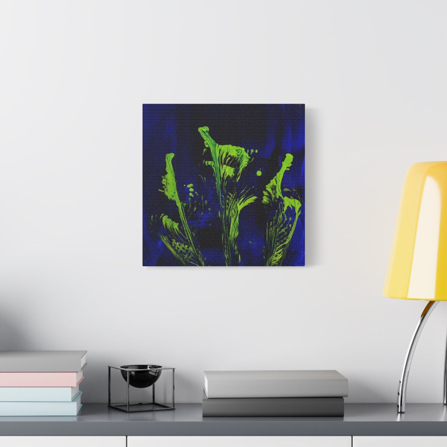 calla_lillies_pt.2 - Neon Floral Abstract Canvas Print — Blue & Lime Stretched Wall Art