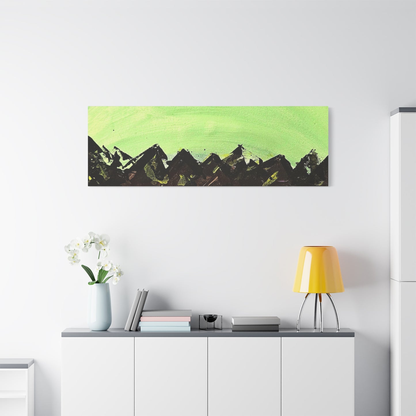 Green Moonrise Canvas Wall Art – Mountain Silhouette Nightscape