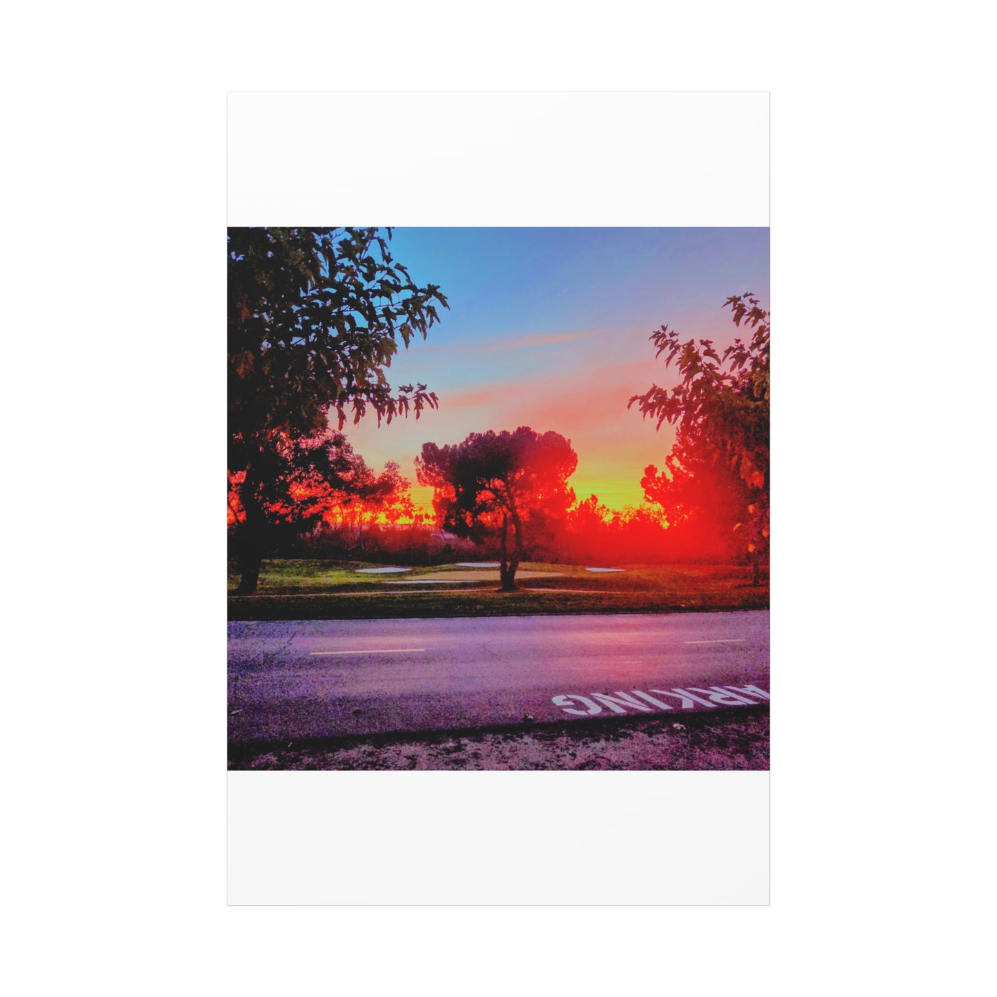 4th green @muni - Sunset Park Matte Canvas Print — Vibrant Red & Orange Landscape Wall Art