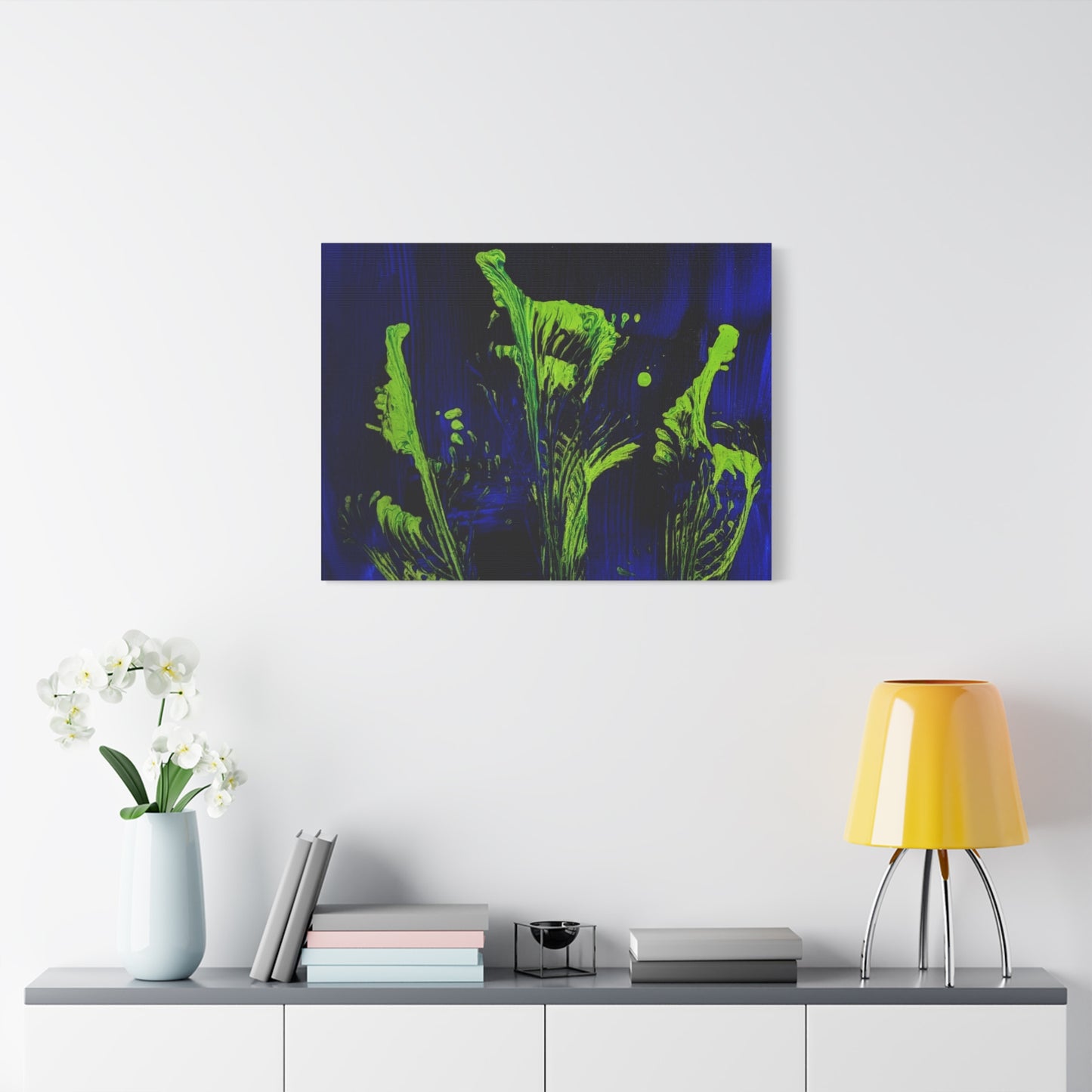 calla_lillies_pt.2 - Neon Floral Abstract Canvas Print — Blue & Lime Stretched Wall Art