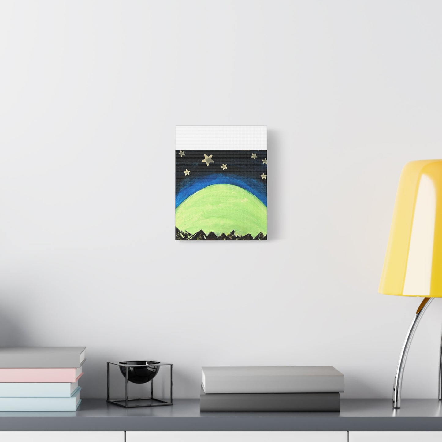 Green Moonrise Canvas Wall Art – Mountain Silhouette Nightscape