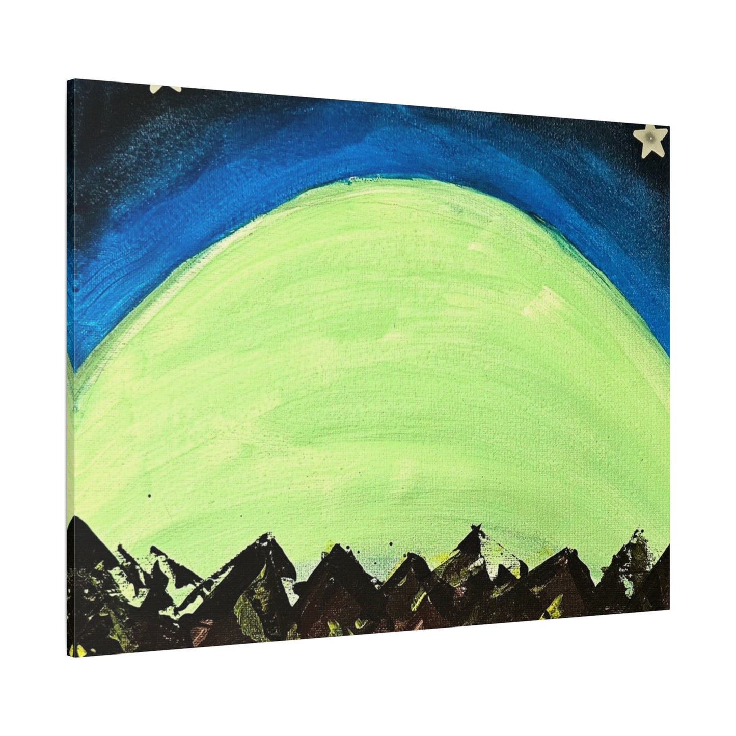 Green Moonrise Canvas Wall Art – Mountain Silhouette Nightscape