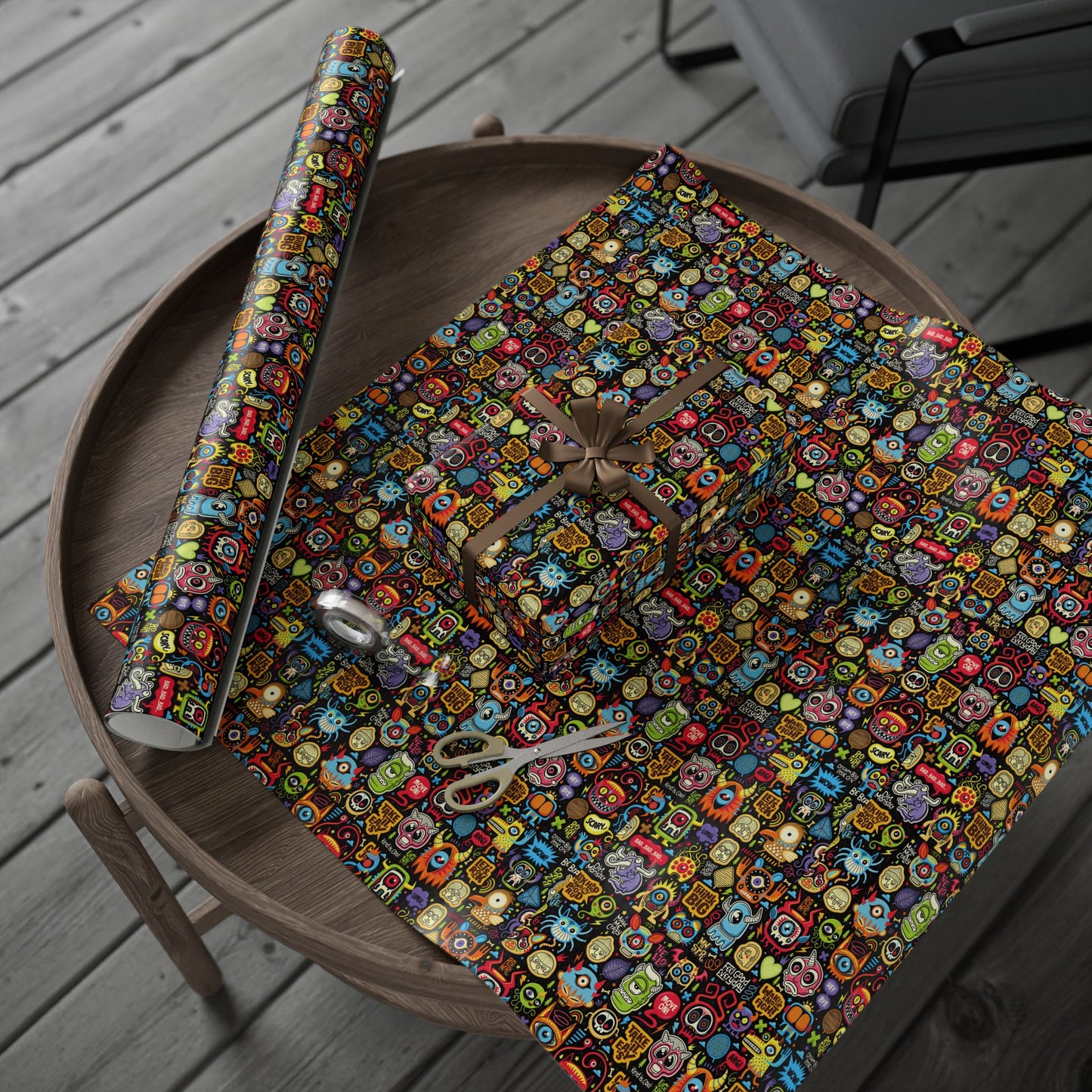Wrapping Paper - Colorful Neon Emoji Doodles Gift Wrap (Halloween & Birthday)