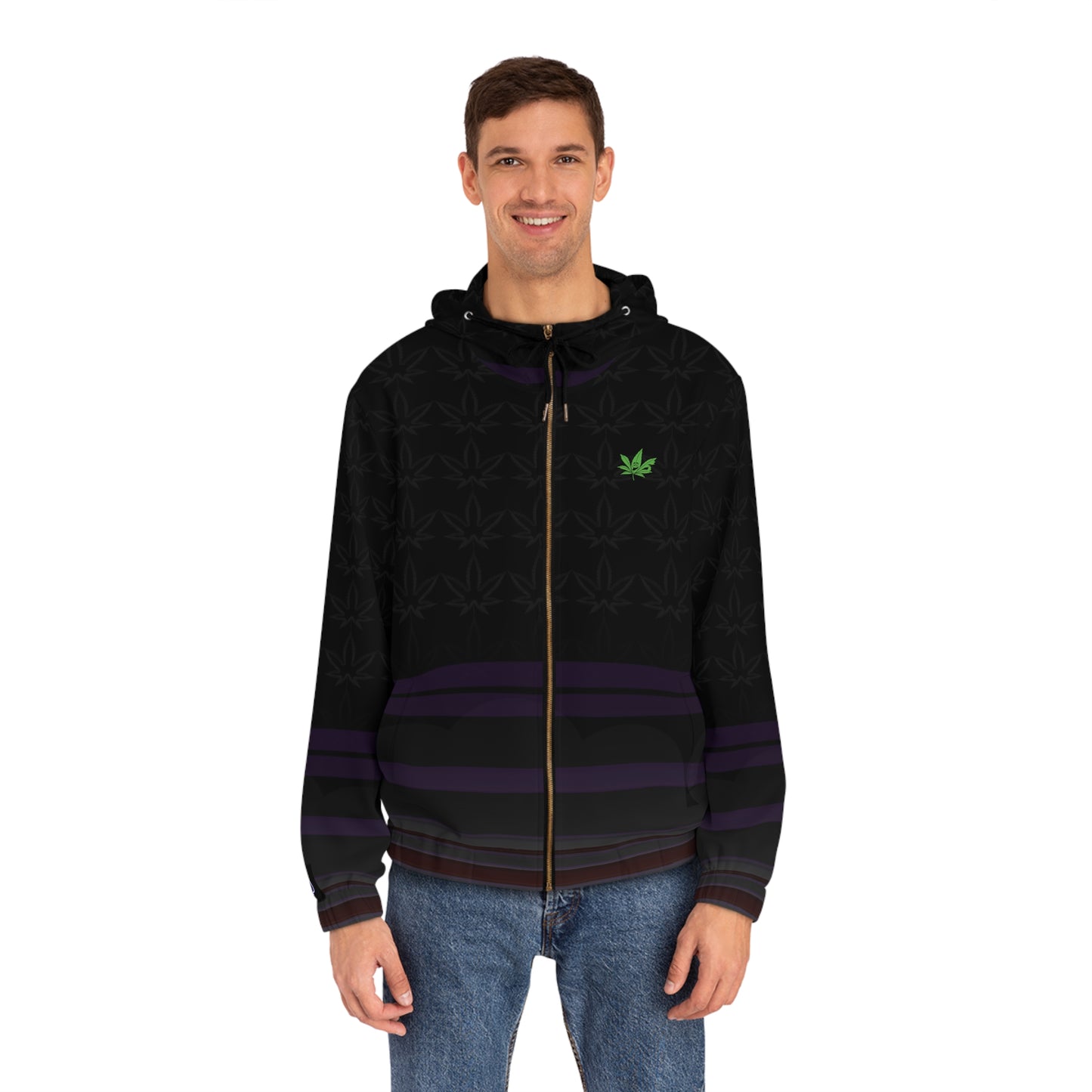 Men's Full-Zip Hoodie – Black Subtle Leaf Pattern with Purple Stripes & Green Emblem