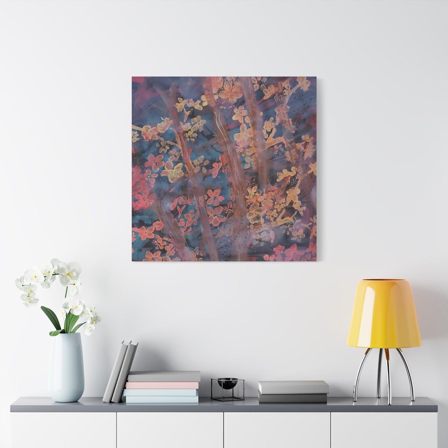 Abstract Floral Canvas Print — Moody Pink & Blue Stretched Wall Art