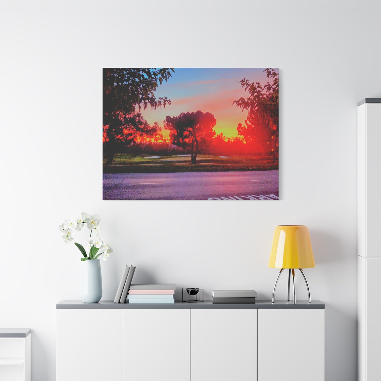 4th green @muni - Sunset Park Matte Canvas Print — Vibrant Red & Orange Landscape Wall Art