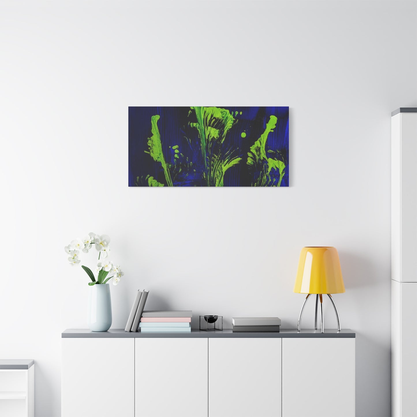 calla_lillies_pt.2 - Neon Floral Abstract Canvas Print — Blue & Lime Stretched Wall Art