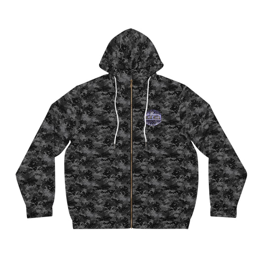 Camo Full-Zip Hoodie — Men’s Black Digital Camouflage Zip-Up