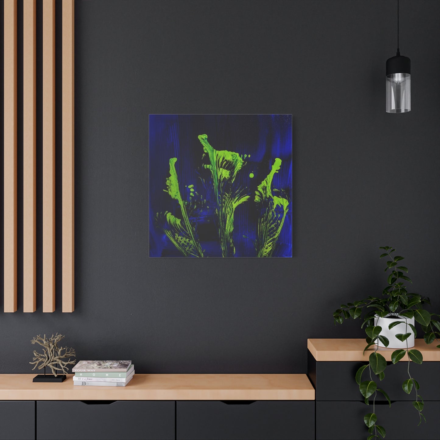 calla_lillies_pt.2 - Neon Floral Abstract Canvas Print — Blue & Lime Stretched Wall Art