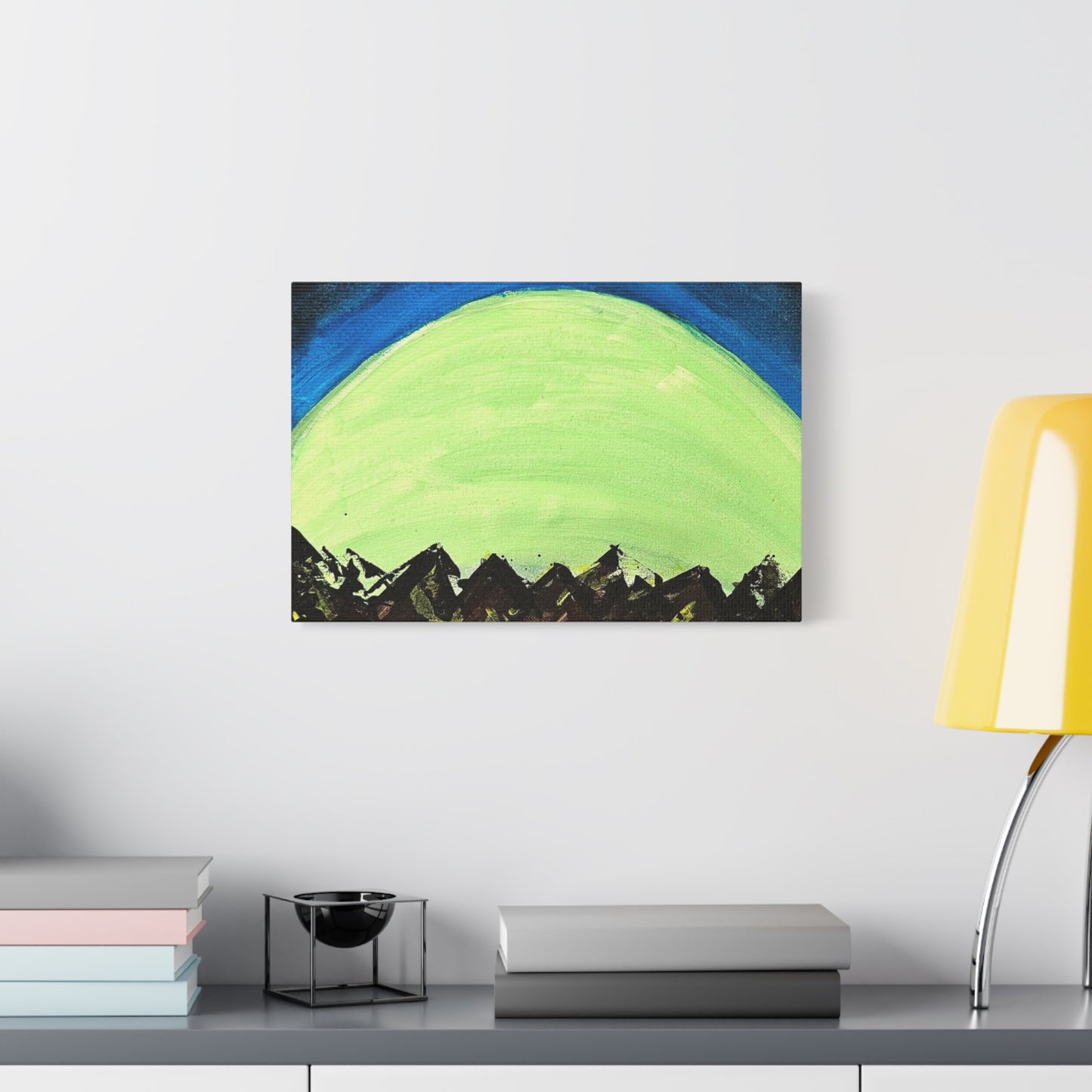 Green Moonrise Canvas Wall Art – Mountain Silhouette Nightscape