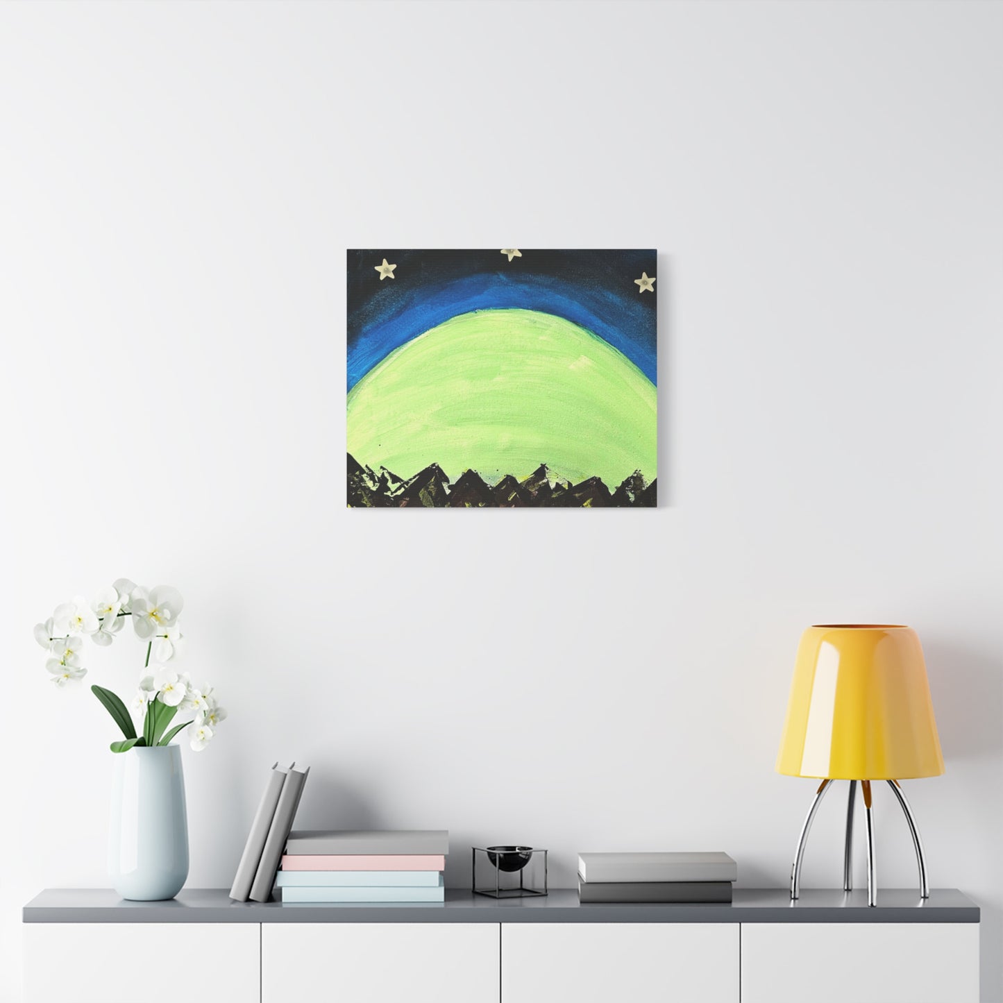 Green Moonrise Canvas Wall Art – Mountain Silhouette Nightscape