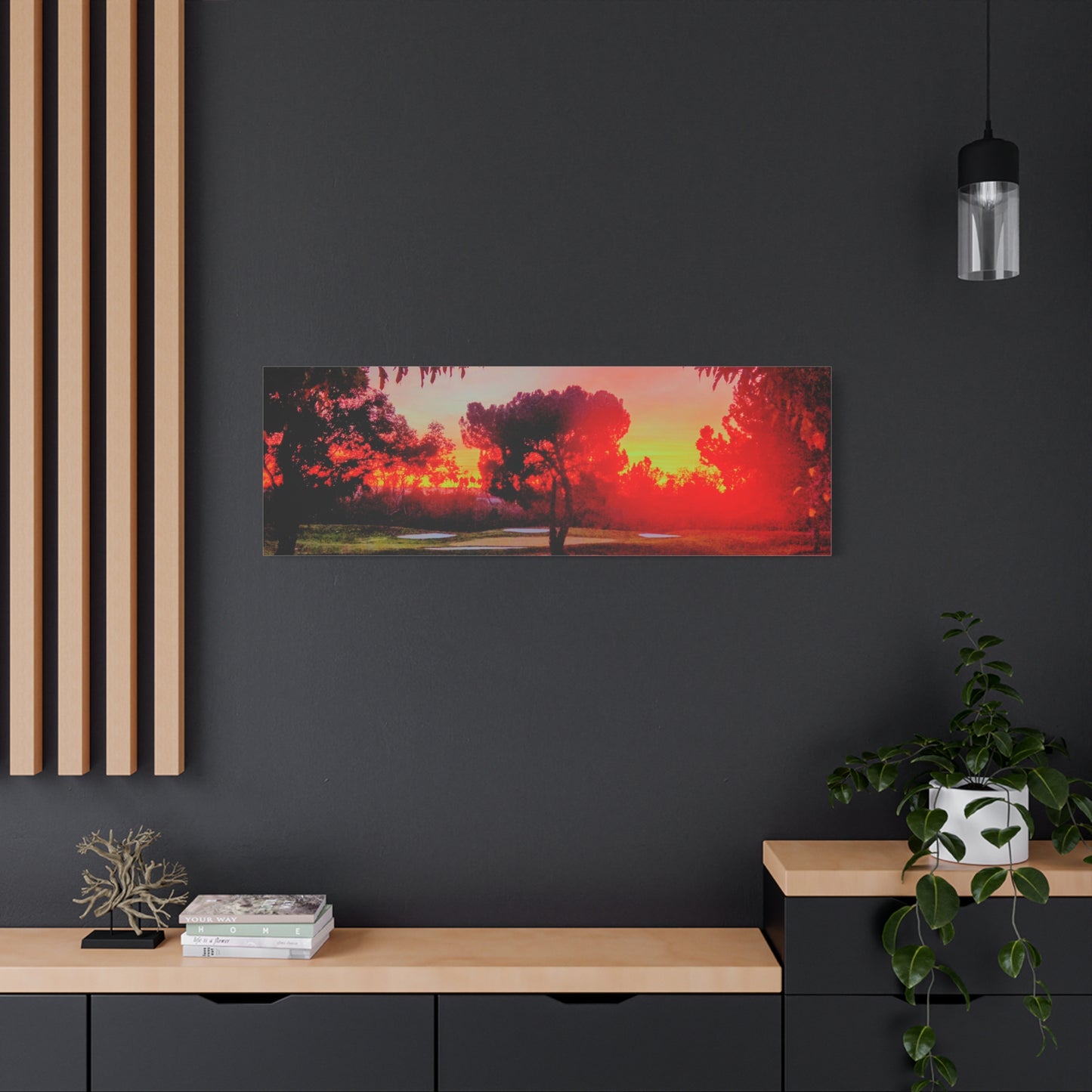 4th green @muni - Sunset Park Matte Canvas Print — Vibrant Red & Orange Landscape Wall Art