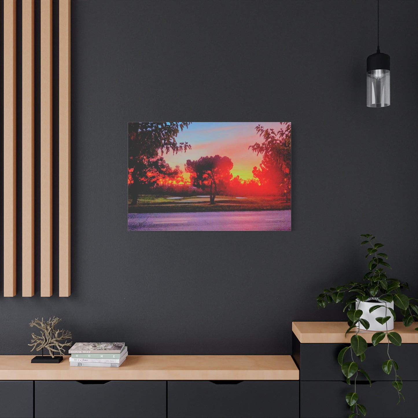 4th green @muni - Sunset Park Matte Canvas Print — Vibrant Red & Orange Landscape Wall Art