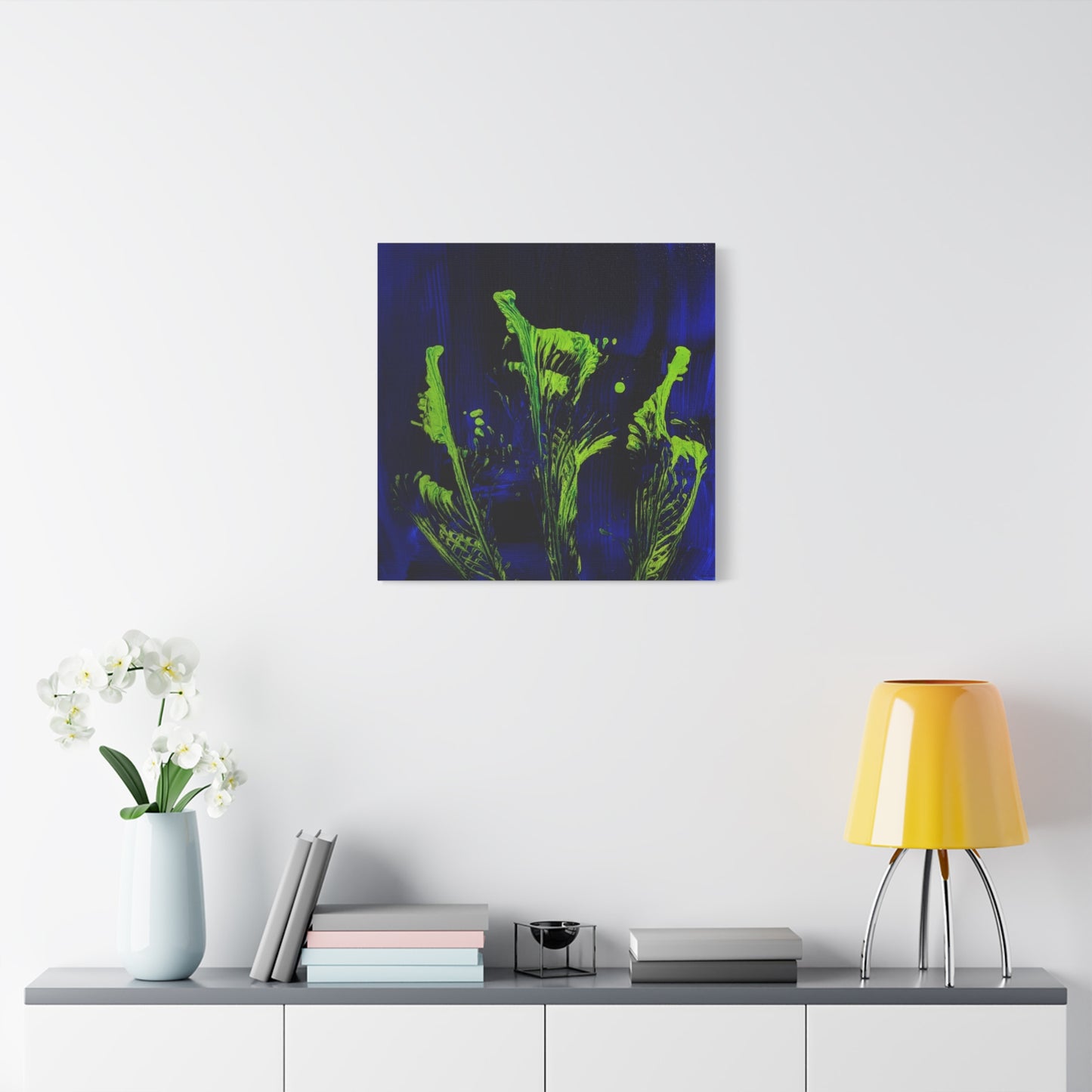 calla_lillies_pt.2 - Neon Floral Abstract Canvas Print — Blue & Lime Stretched Wall Art
