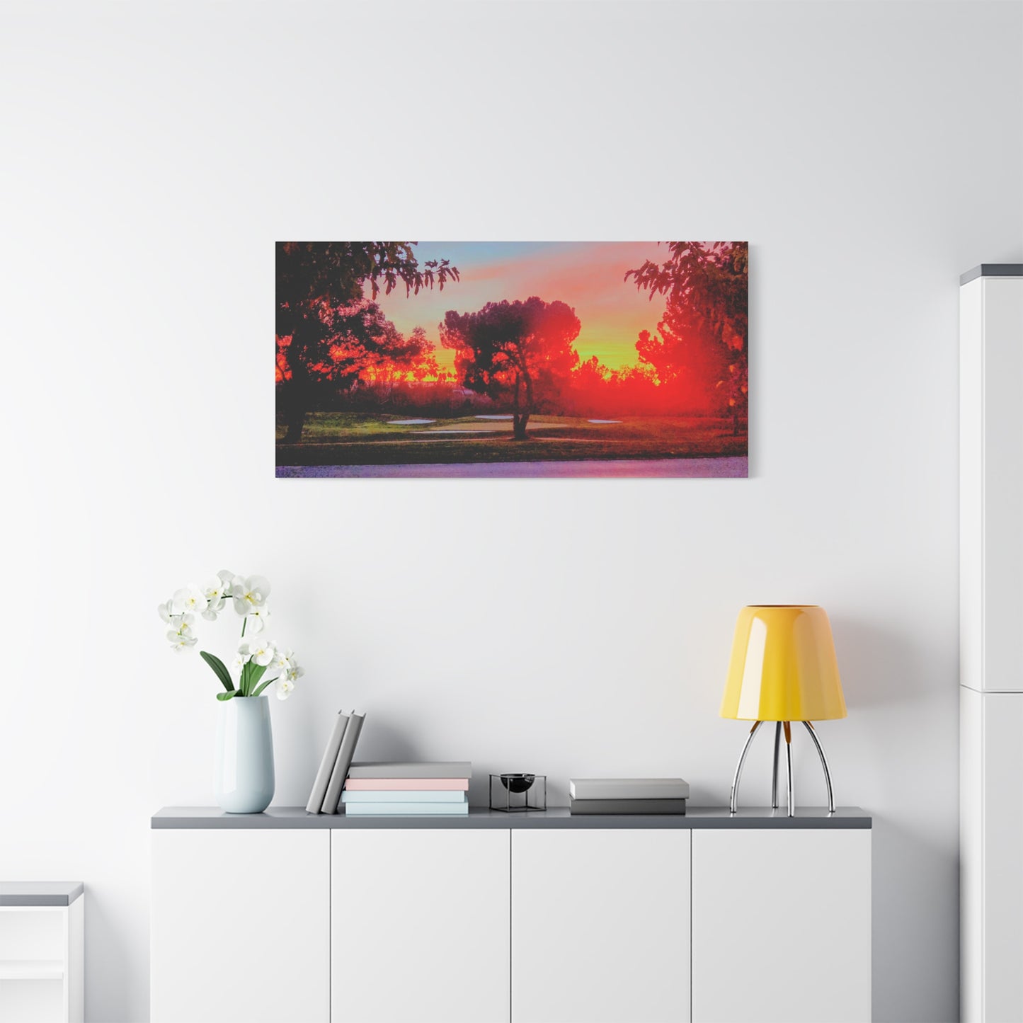 4th green @muni - Sunset Park Matte Canvas Print — Vibrant Red & Orange Landscape Wall Art