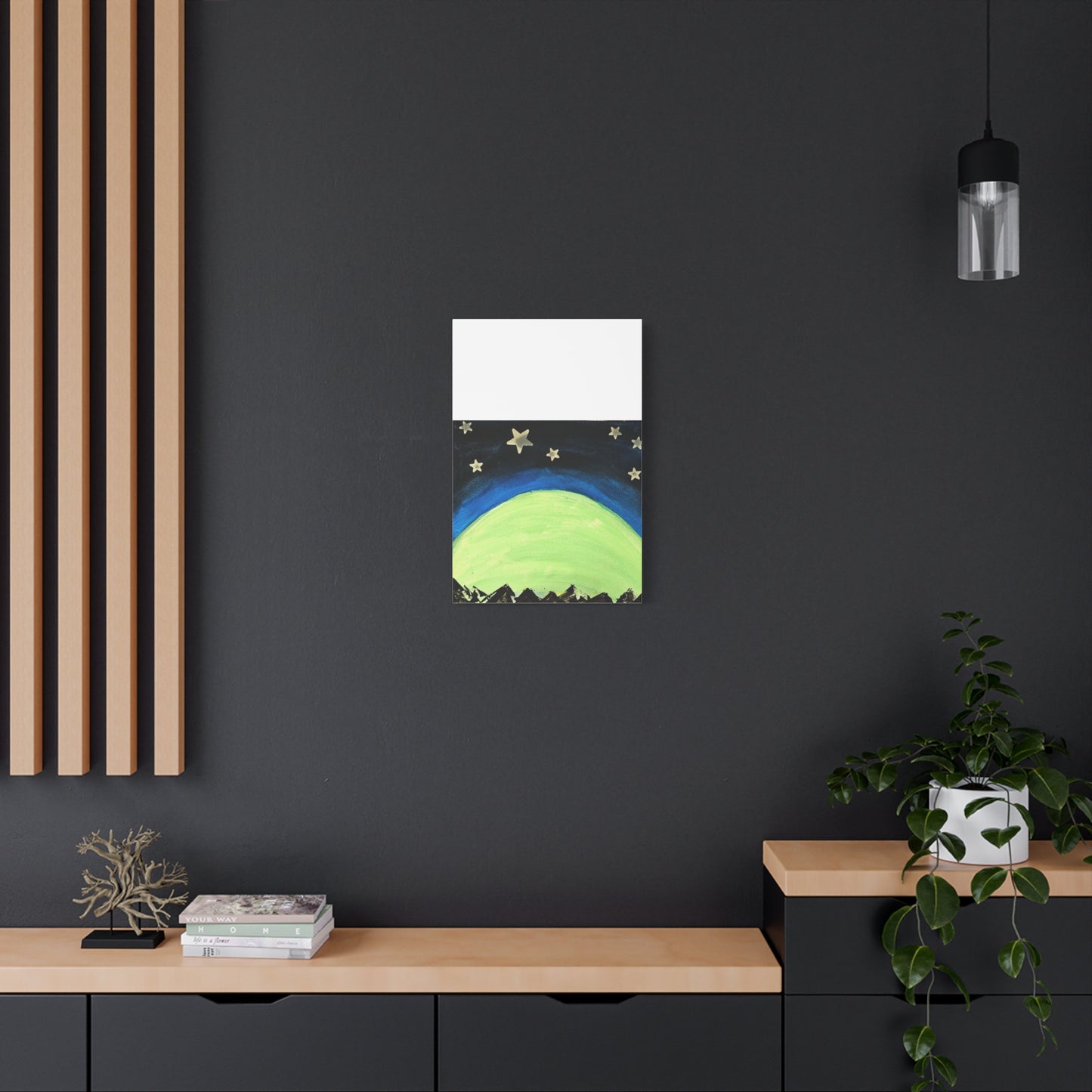 Green Moonrise Canvas Wall Art – Mountain Silhouette Nightscape