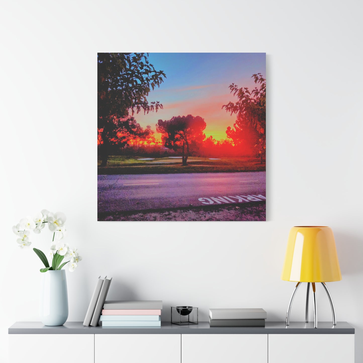 4th green @muni - Sunset Park Matte Canvas Print — Vibrant Red & Orange Landscape Wall Art