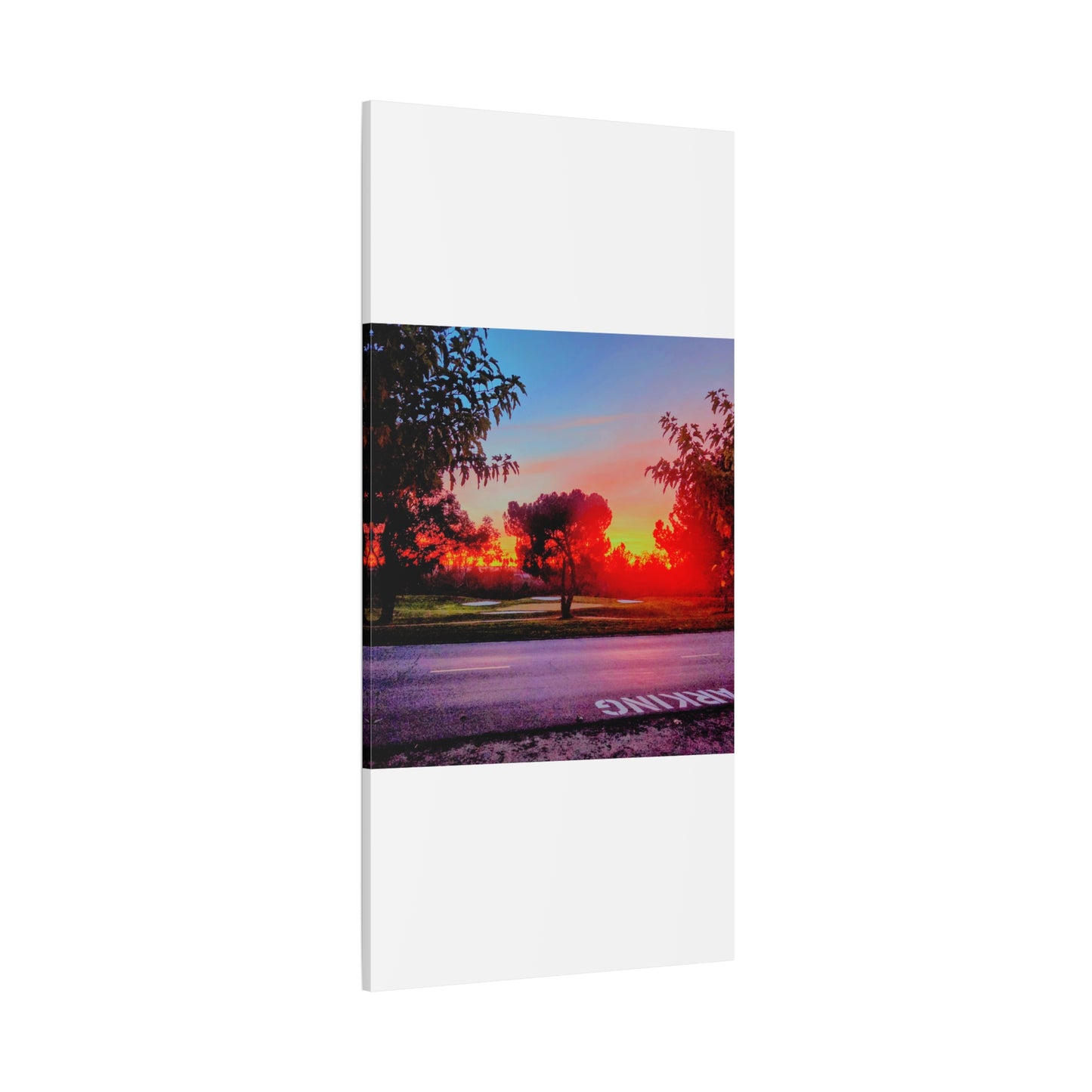 4th green @muni - Sunset Park Matte Canvas Print — Vibrant Red & Orange Landscape Wall Art