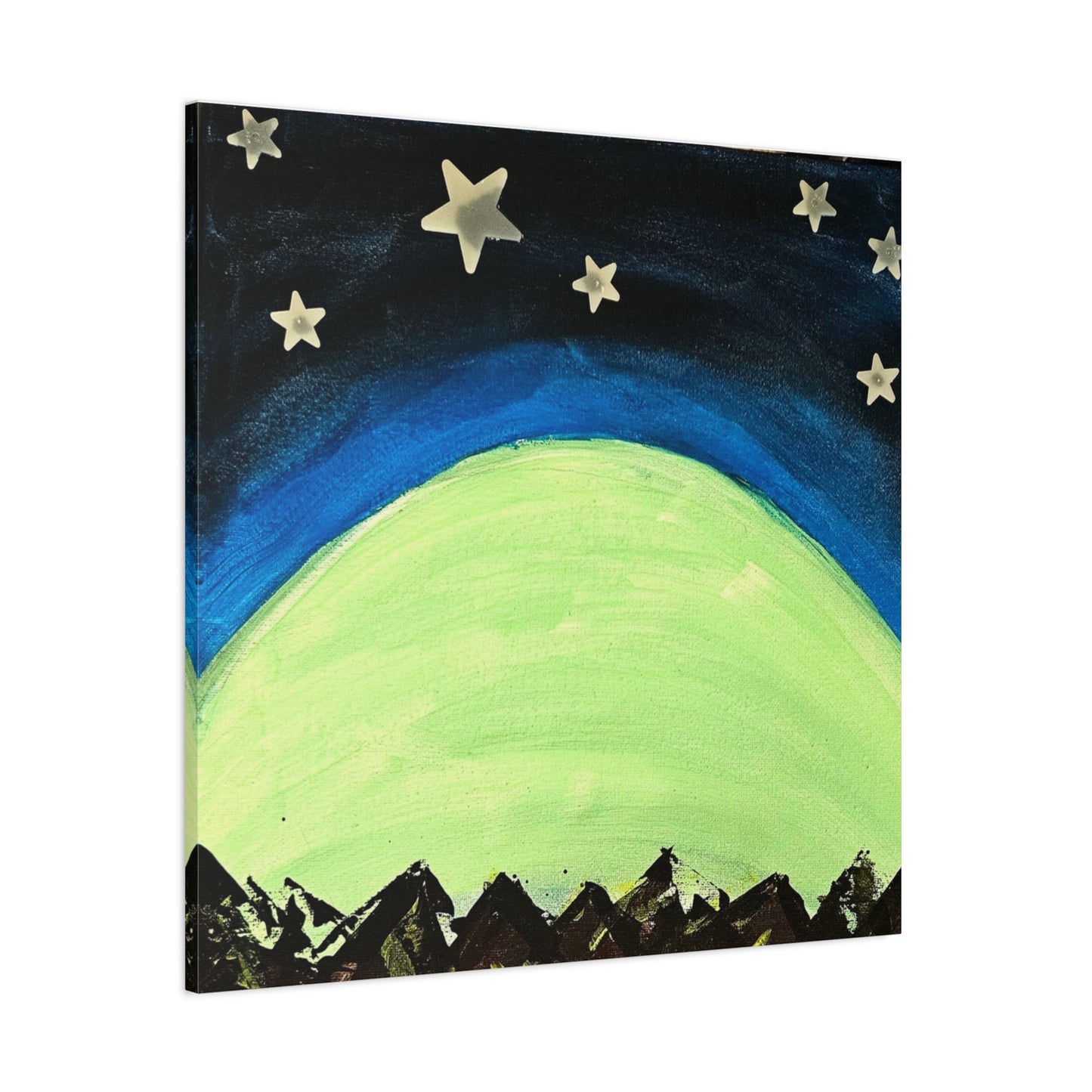 Green Moonrise Canvas Wall Art – Mountain Silhouette Nightscape