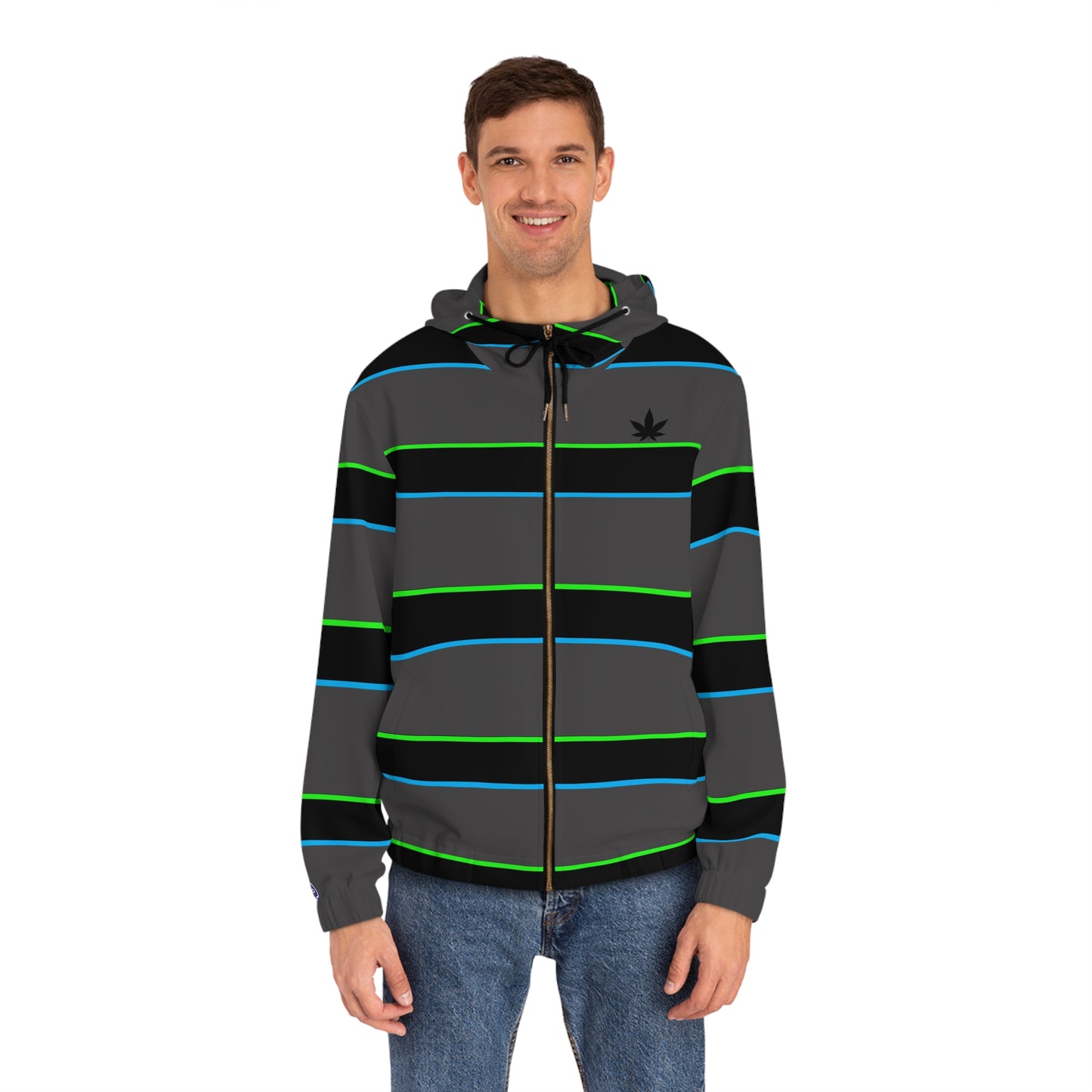 Men's Striped Full-Zip Hoodie — Neon Green & Blue Retro Stripe with Subtle Leaf Accent