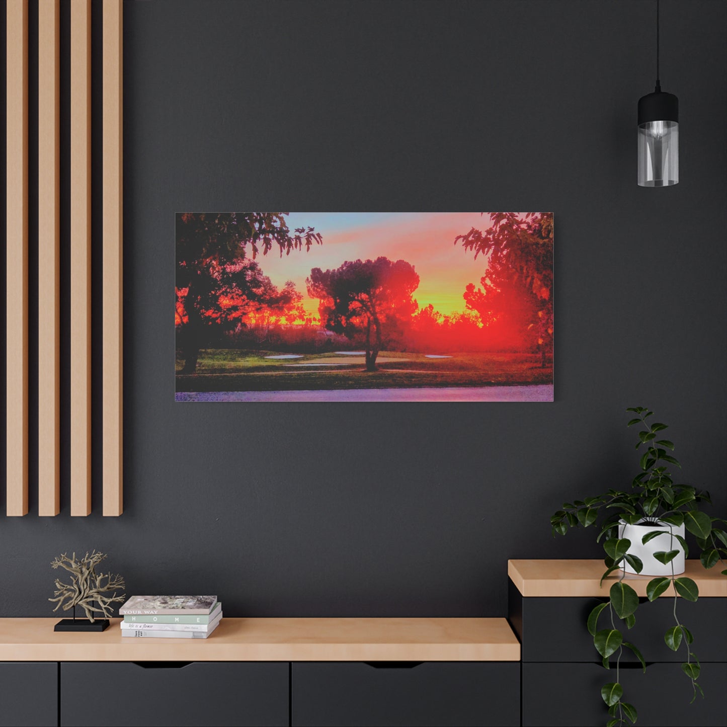 4th green @muni - Sunset Park Matte Canvas Print — Vibrant Red & Orange Landscape Wall Art