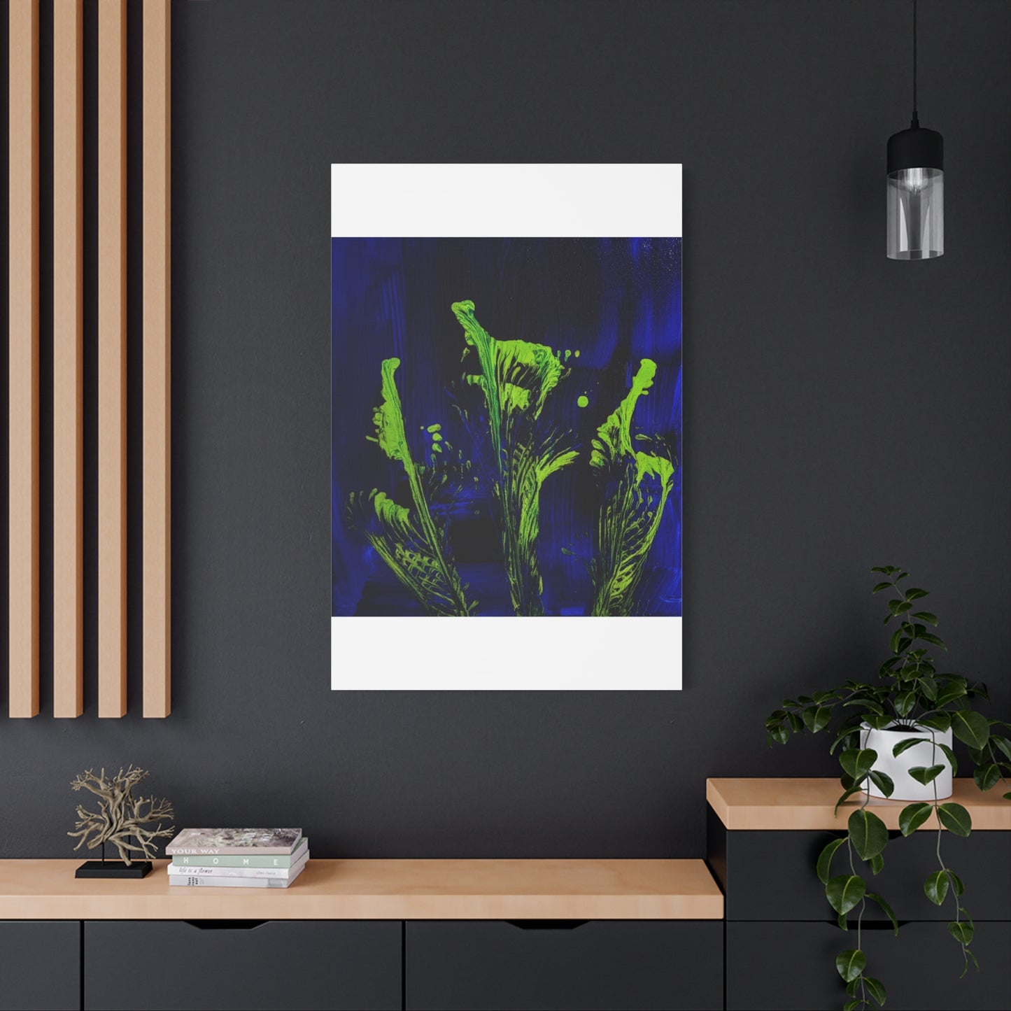calla_lillies_pt.2 - Neon Floral Abstract Canvas Print — Blue & Lime Stretched Wall Art