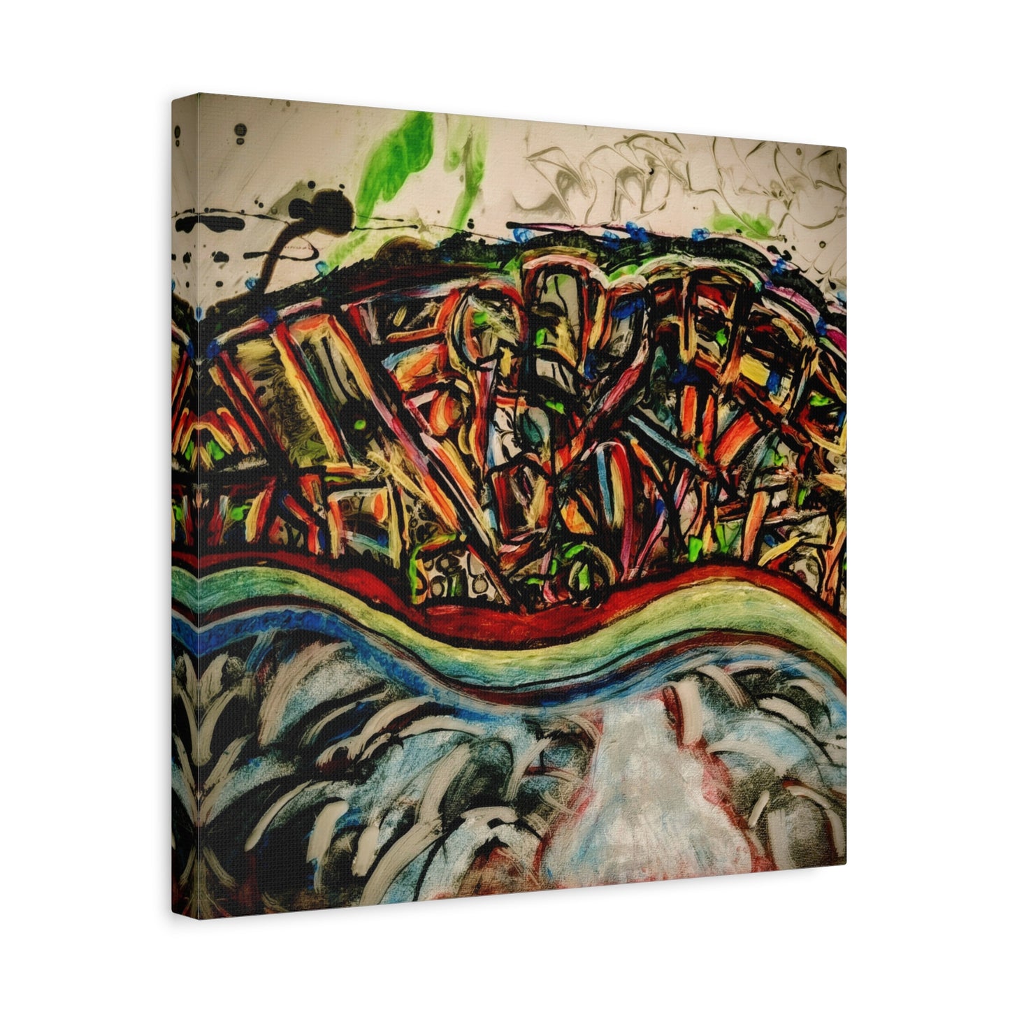 Acrylic_inequalities - Abstract Coastal Cityscape Canvas — Vibrant Ocean Wave Wall Art