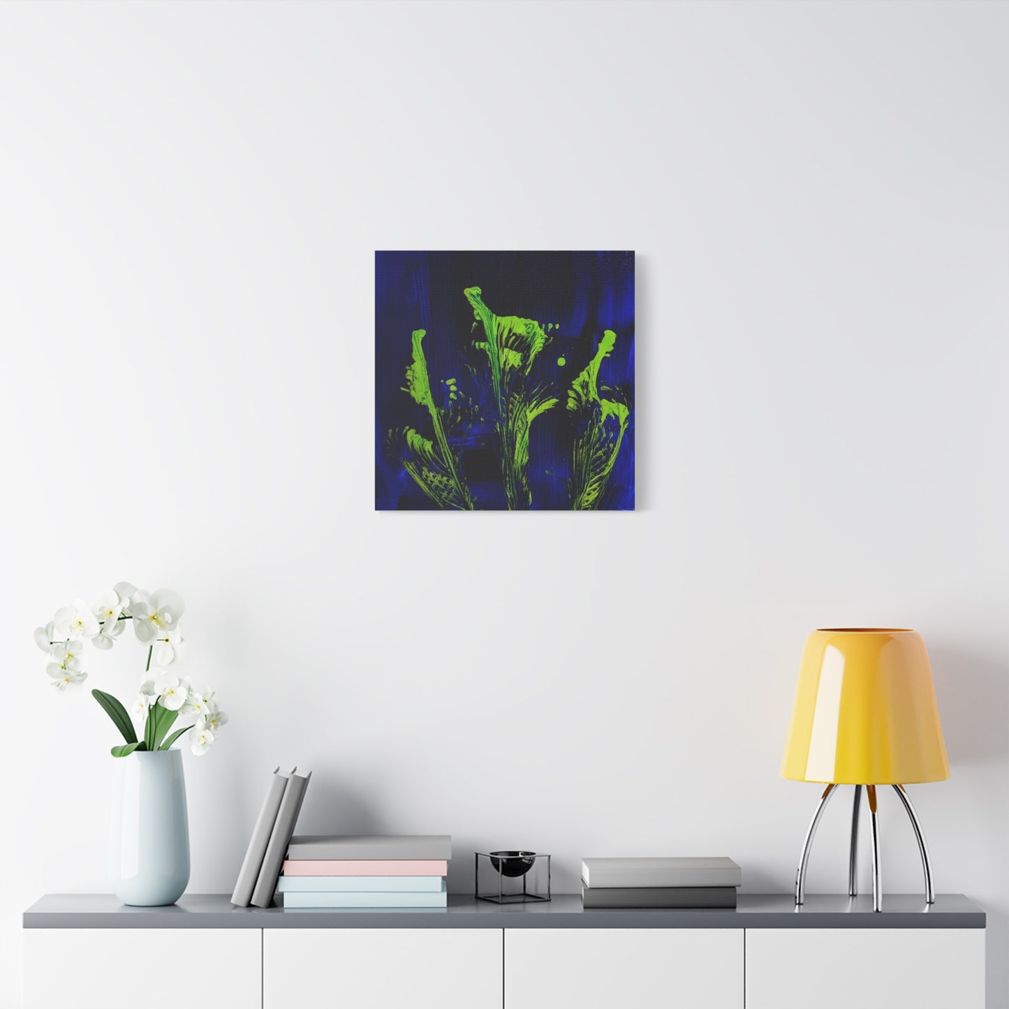 calla_lillies_pt.2 - Neon Floral Abstract Canvas Print — Blue & Lime Stretched Wall Art