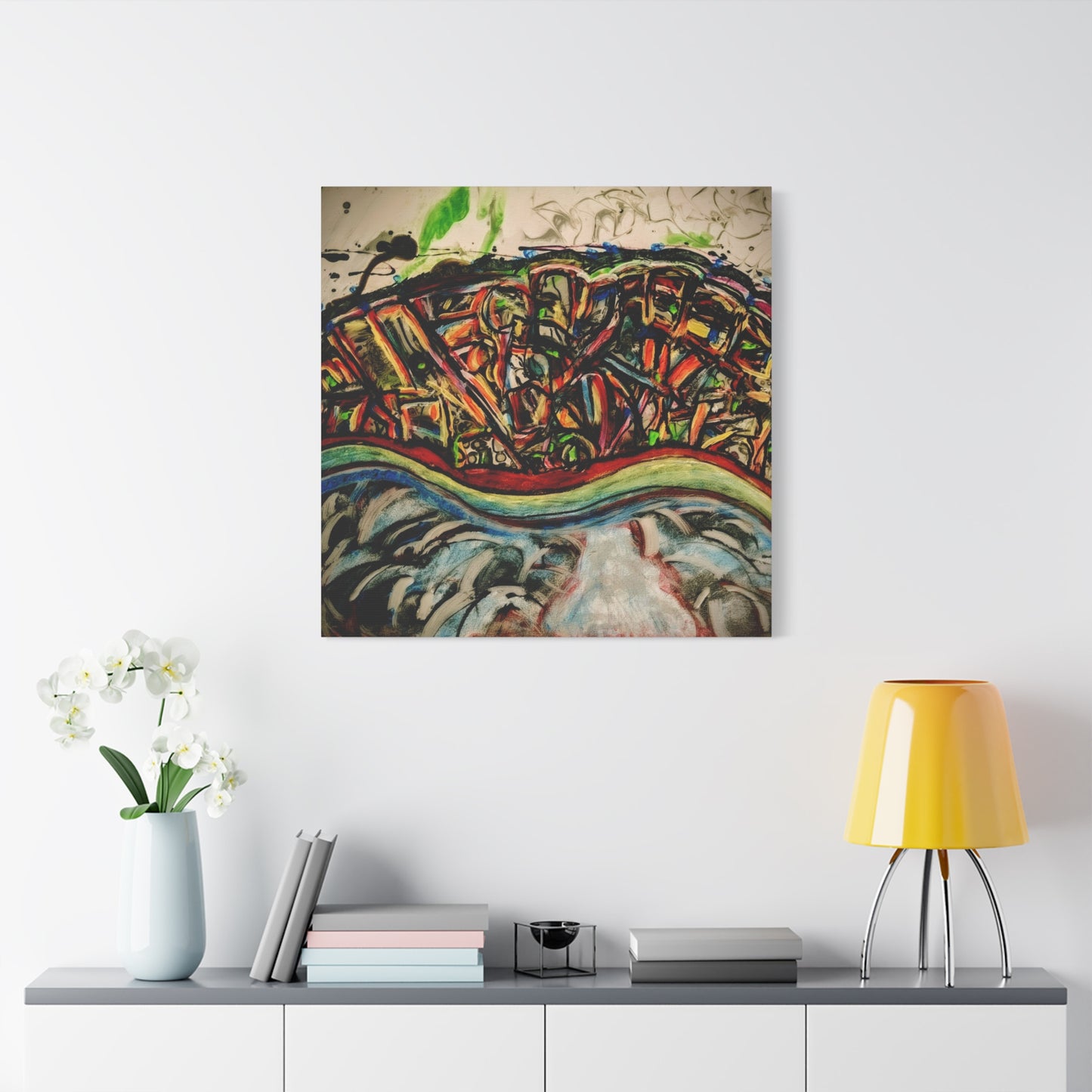 Acrylic_inequalities - Abstract Coastal Cityscape Canvas — Vibrant Ocean Wave Wall Art