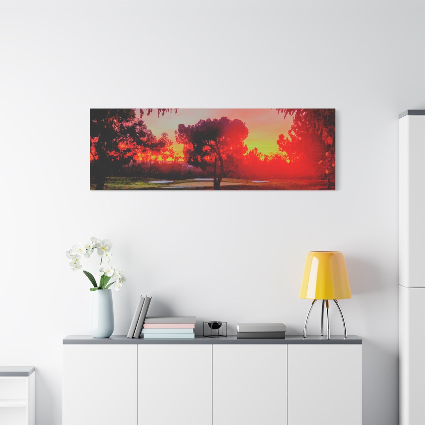 4th green @muni - Sunset Park Matte Canvas Print — Vibrant Red & Orange Landscape Wall Art