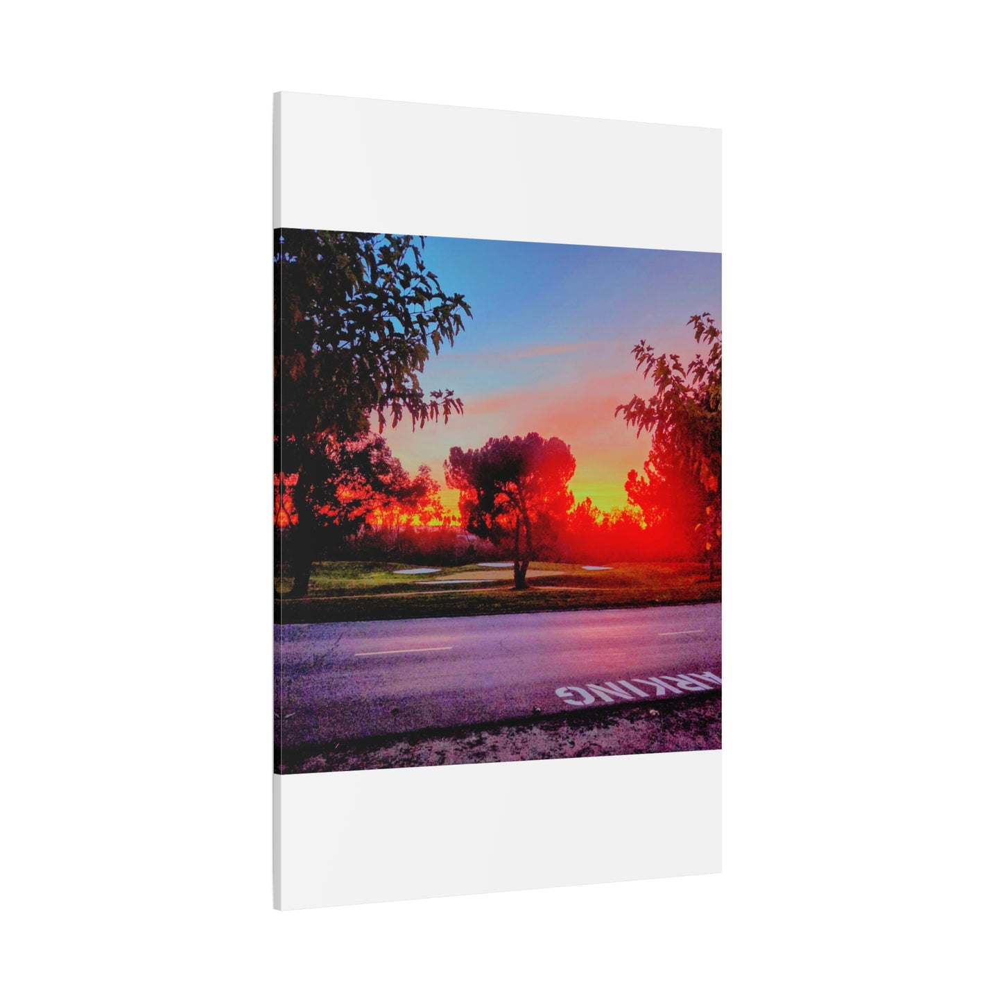 4th green @muni - Sunset Park Matte Canvas Print — Vibrant Red & Orange Landscape Wall Art