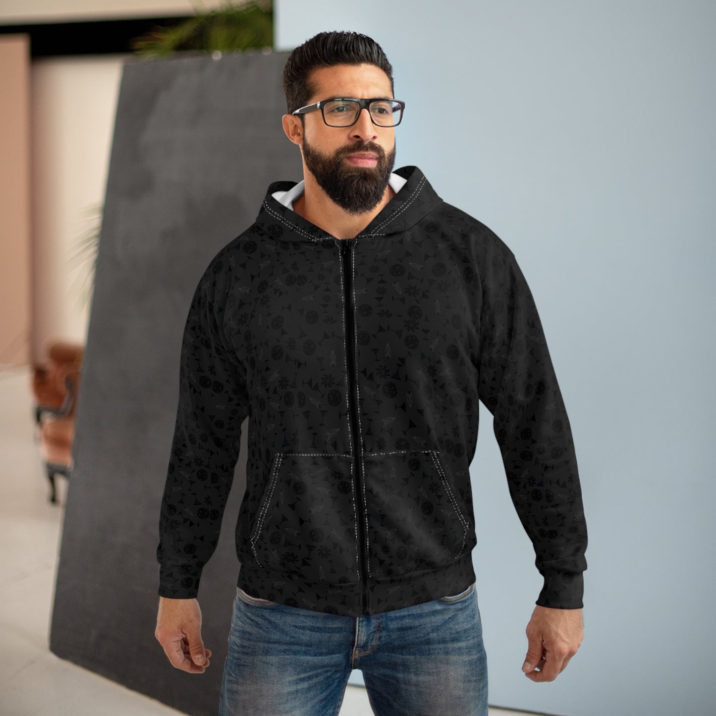 Black Starry Zip Hoodie – All-Over Print Cosmic Pattern Zip-Up Hoodie