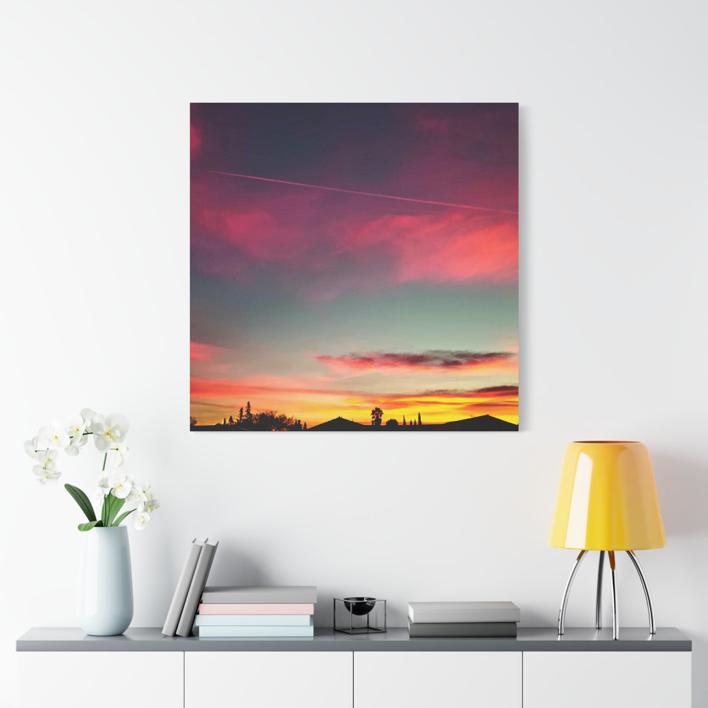 pink sky at morning - Horizon Matte Canvas Print — Vibrant Pink & Teal Sky Wall Art, Stretched 1.25"