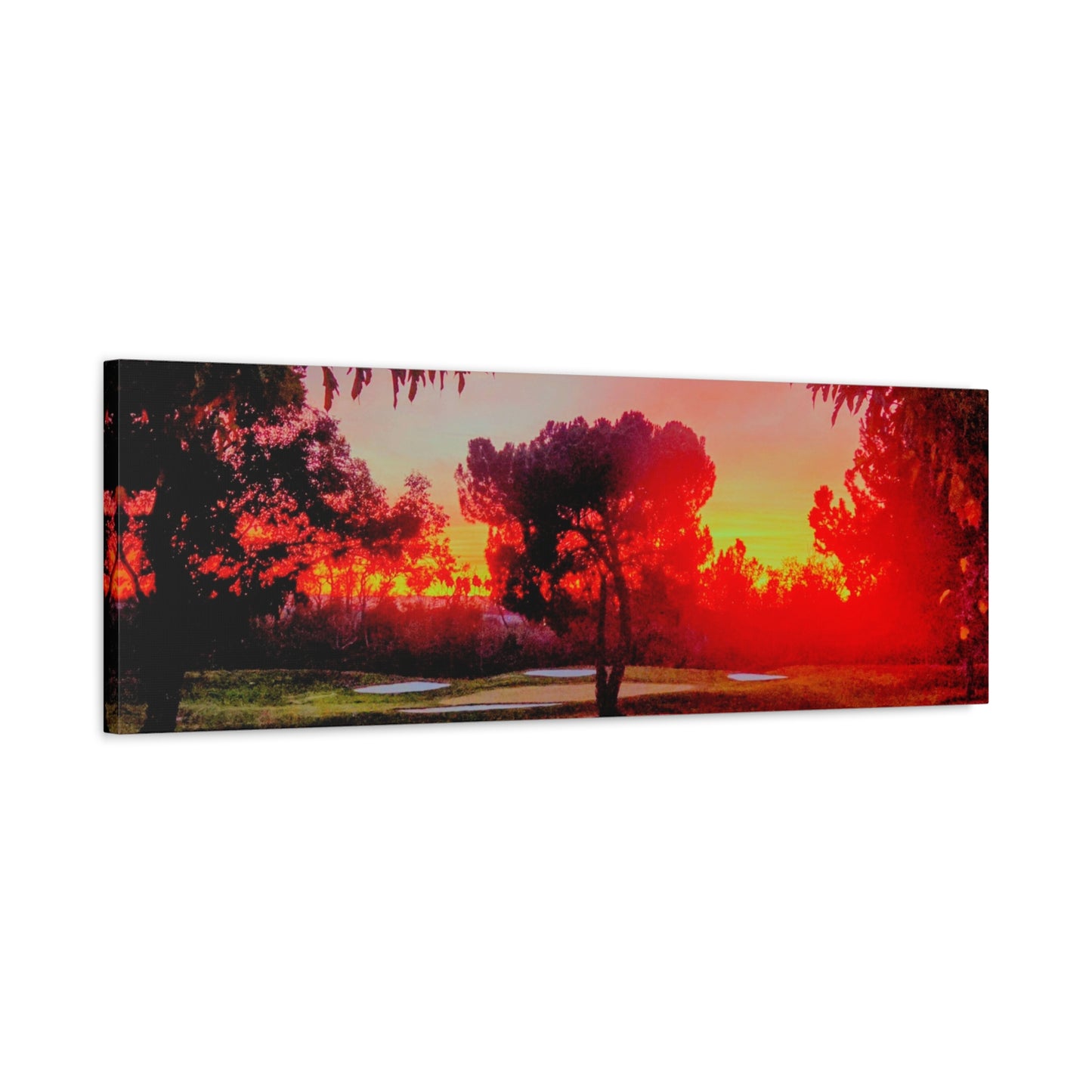 4th green @muni - Sunset Park Matte Canvas Print — Vibrant Red & Orange Landscape Wall Art