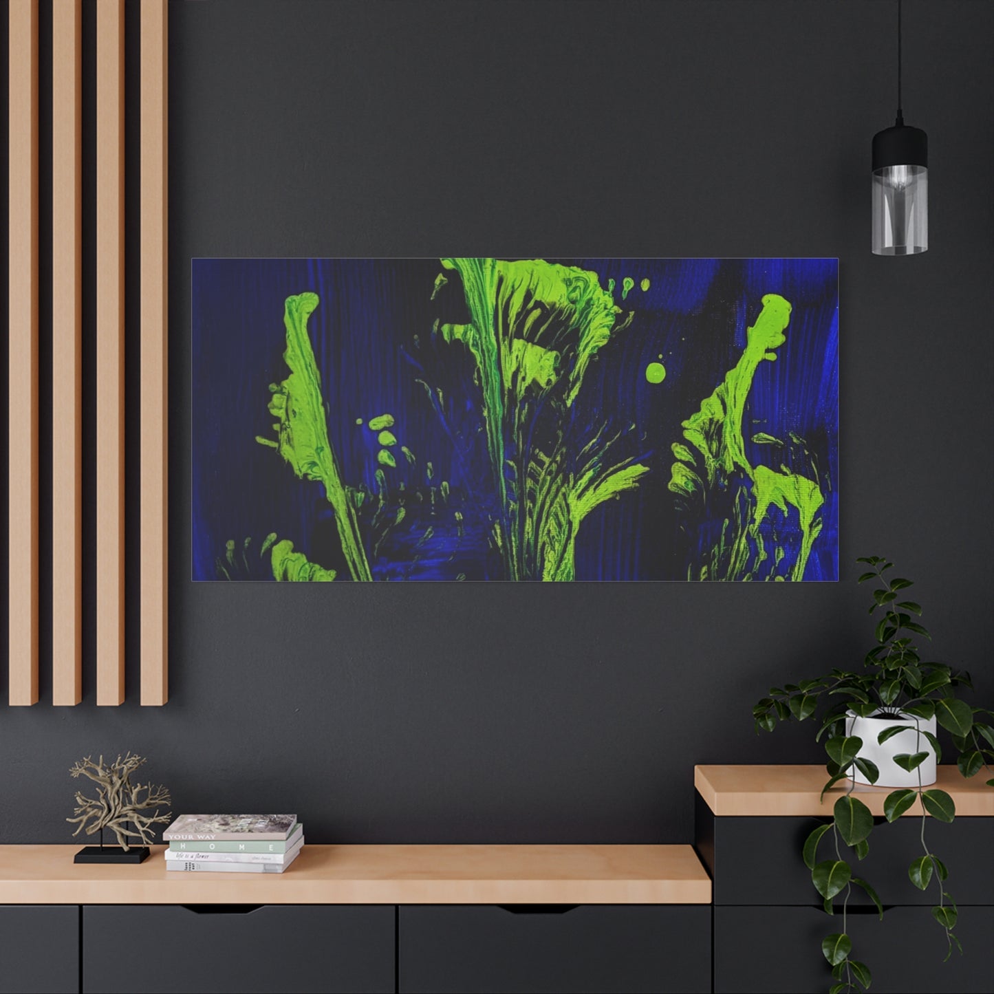 calla_lillies_pt.2 - Neon Floral Abstract Canvas Print — Blue & Lime Stretched Wall Art